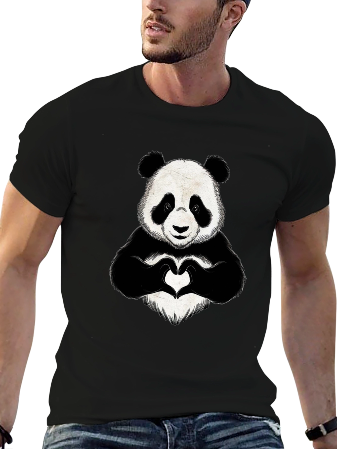 Panda Heart Hands Graphic Black T-Shirt