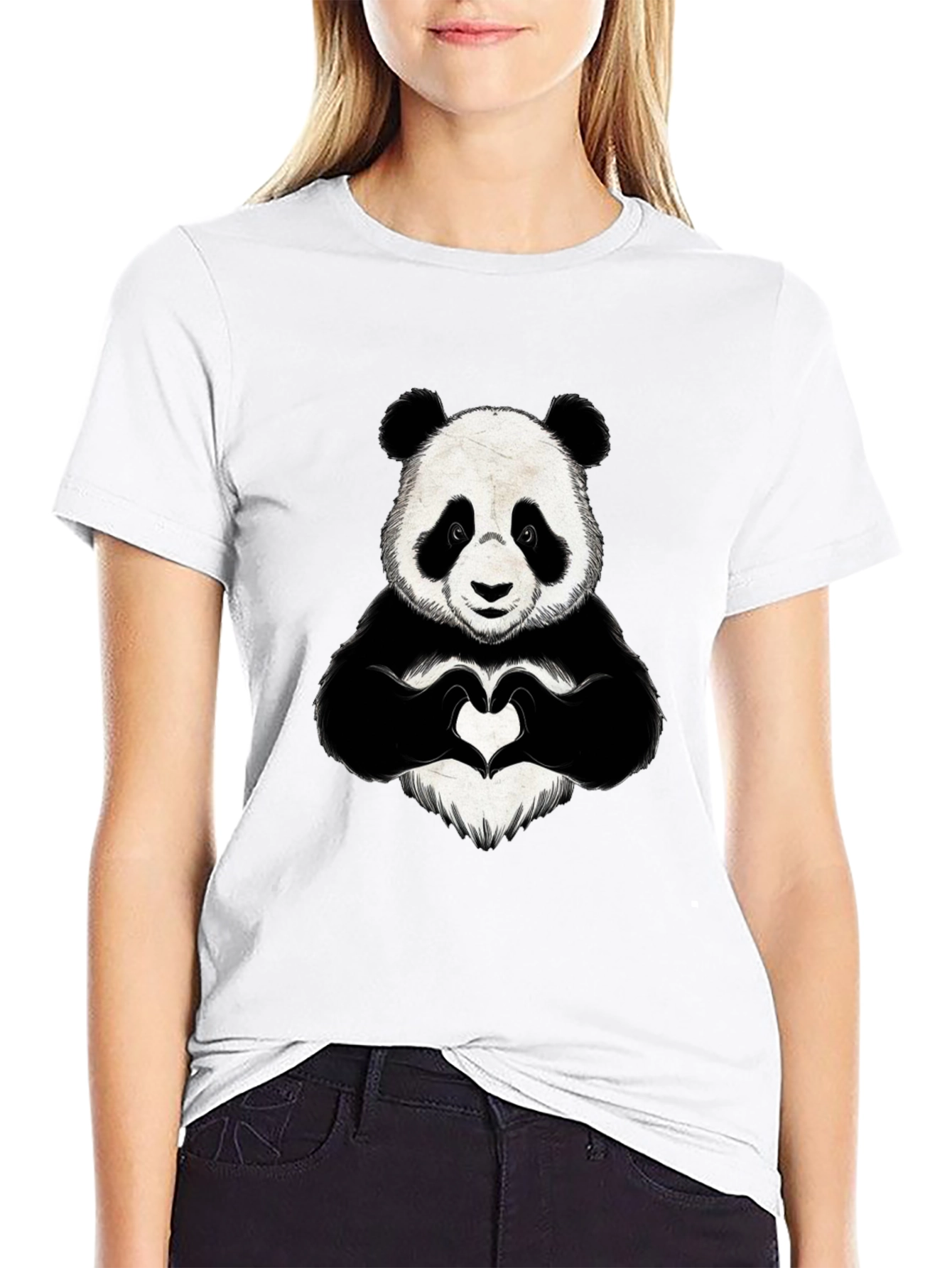 Panda Heart Hands Graphic Black T-Shirt