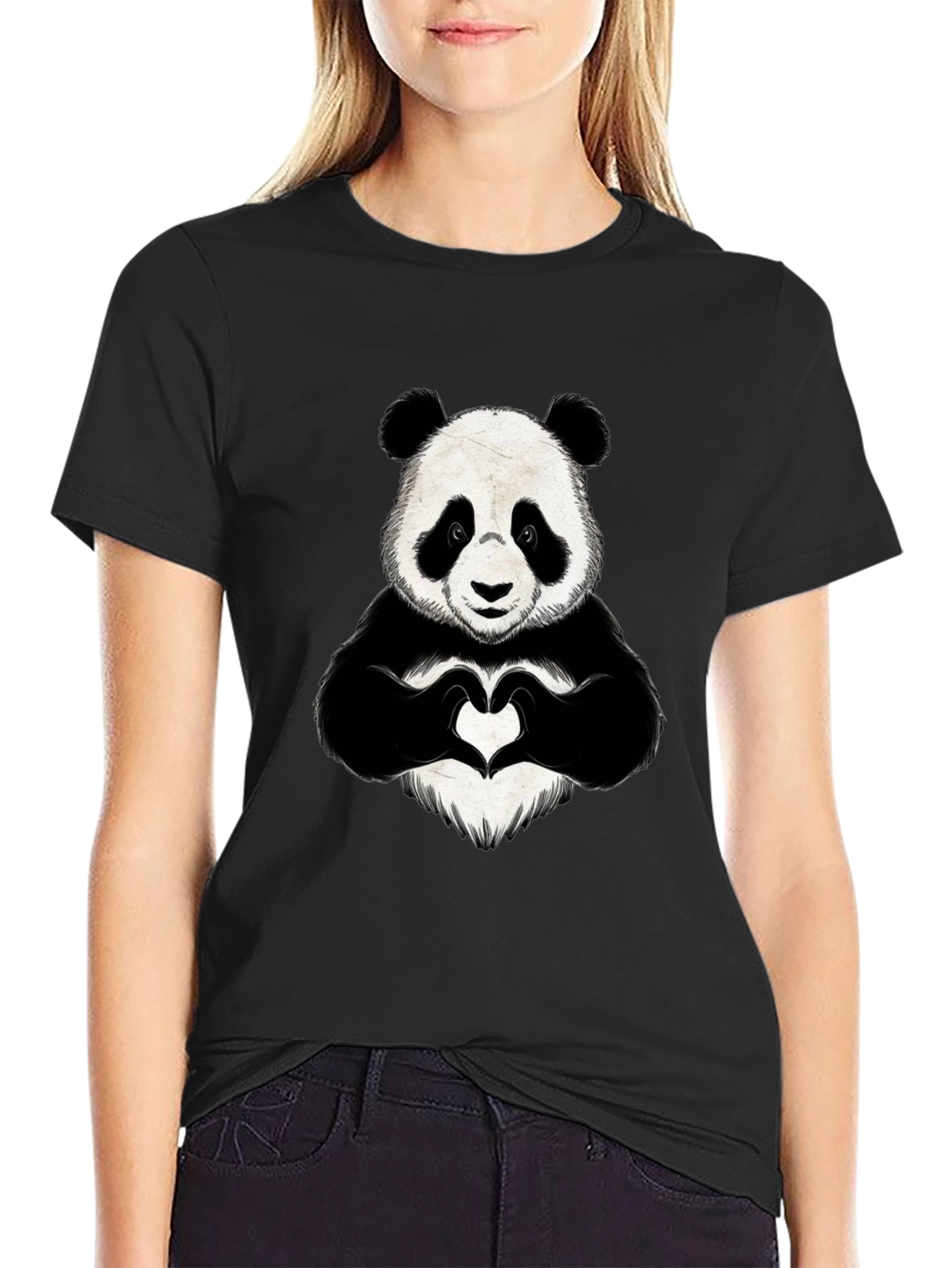 Panda Heart Hands Graphic Black T-Shirt