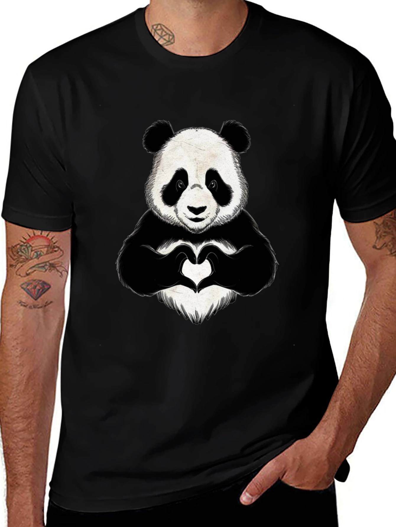 Panda Heart Hands Graphic Black T-Shirt
