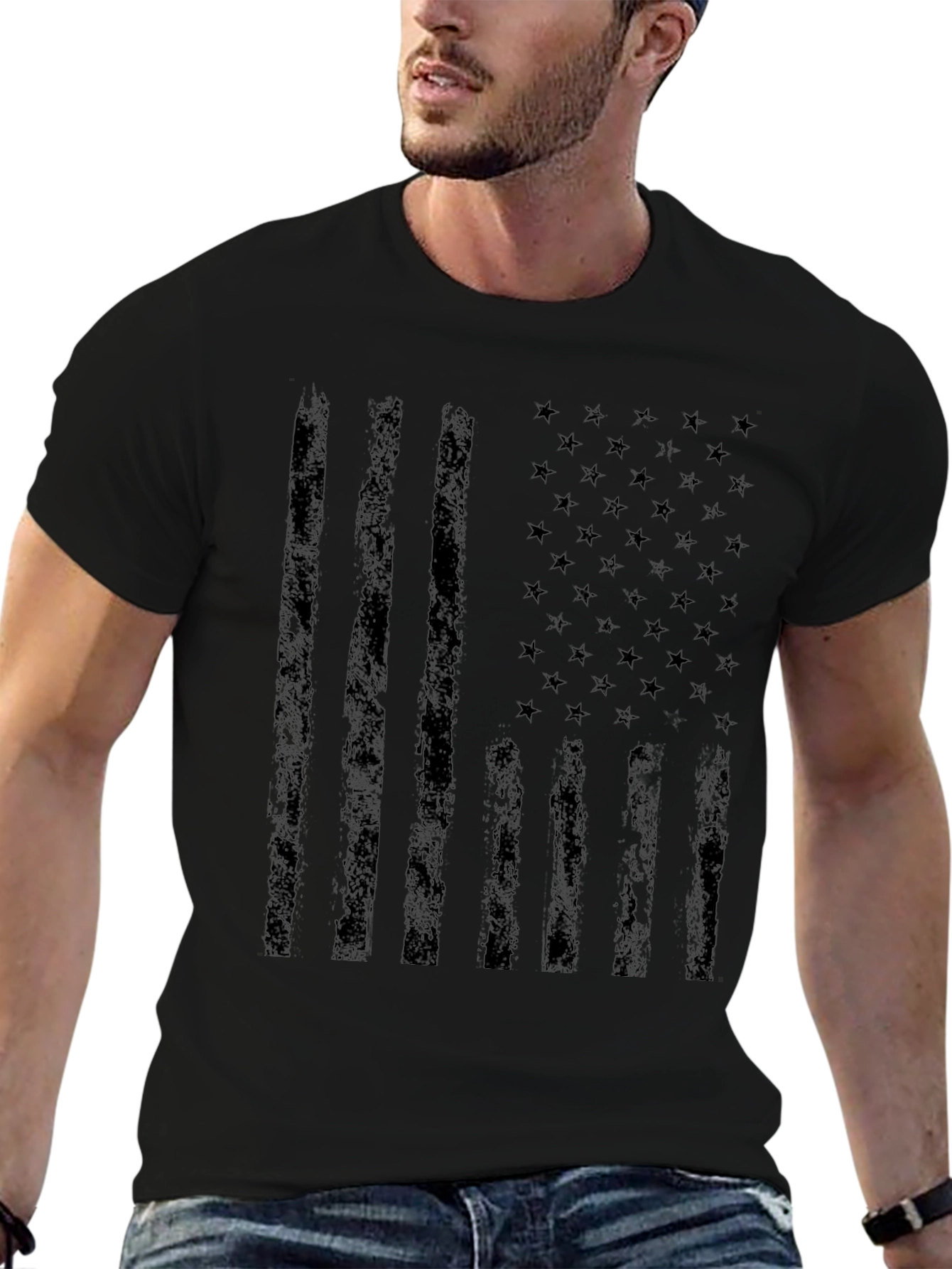 Distressed Black American Flag Graphic T-Shirt