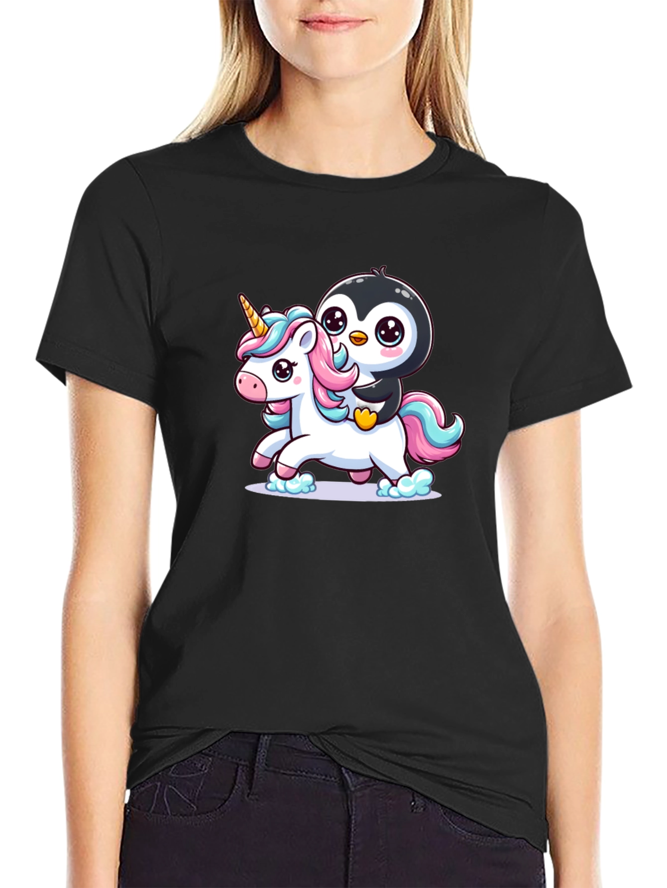 Penguin Riding Unicorn Graphic Tee