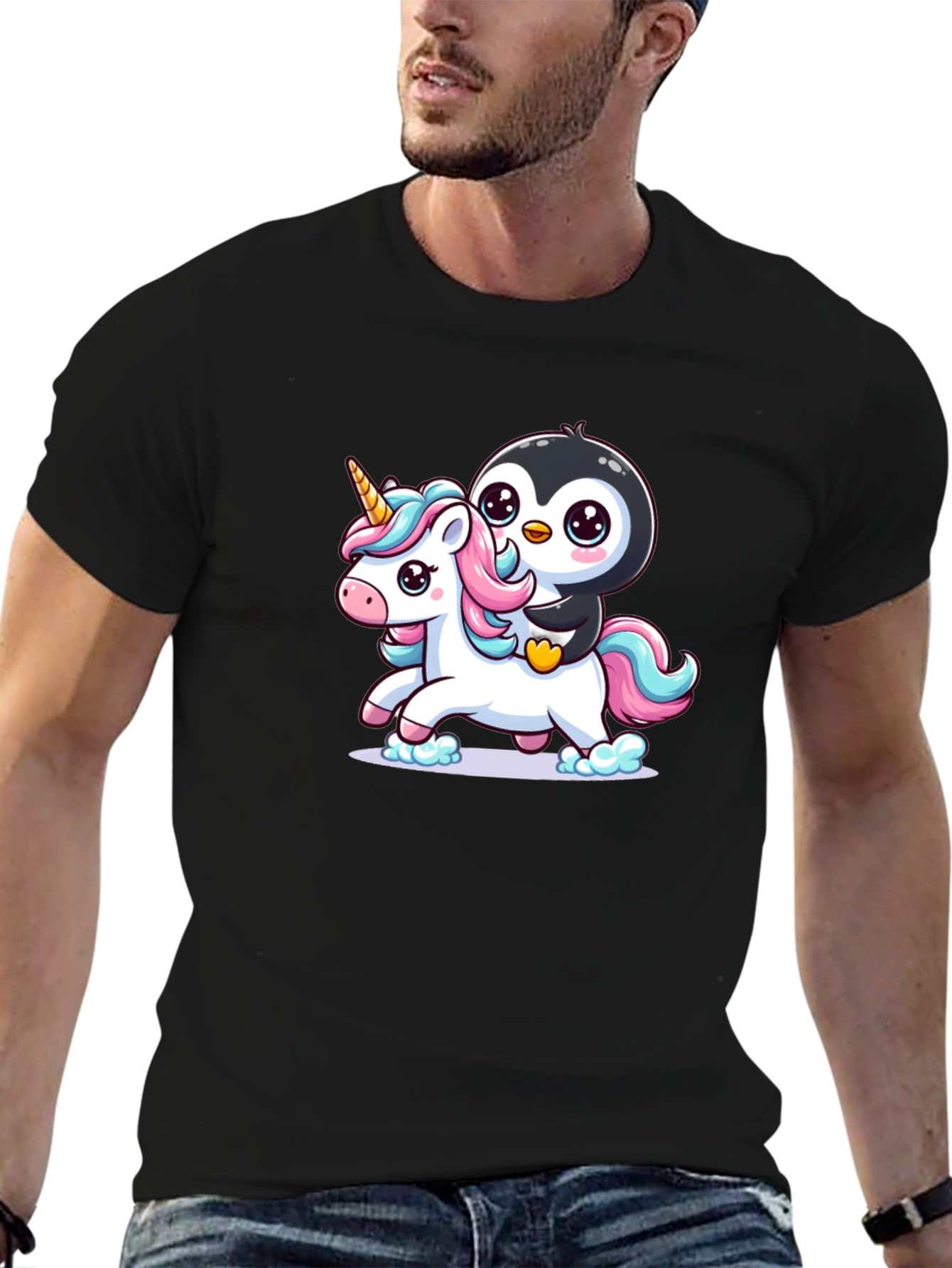 Penguin Riding Unicorn Graphic Tee
