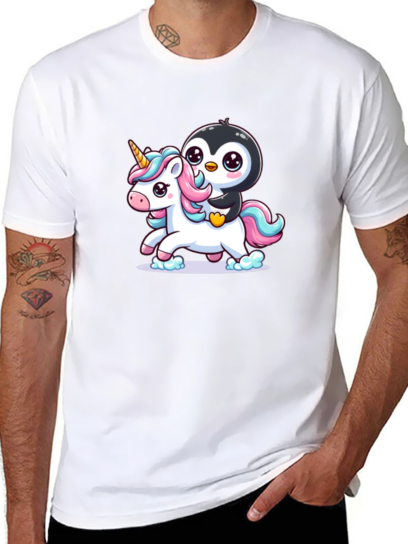 Penguin Riding Unicorn Graphic Tee