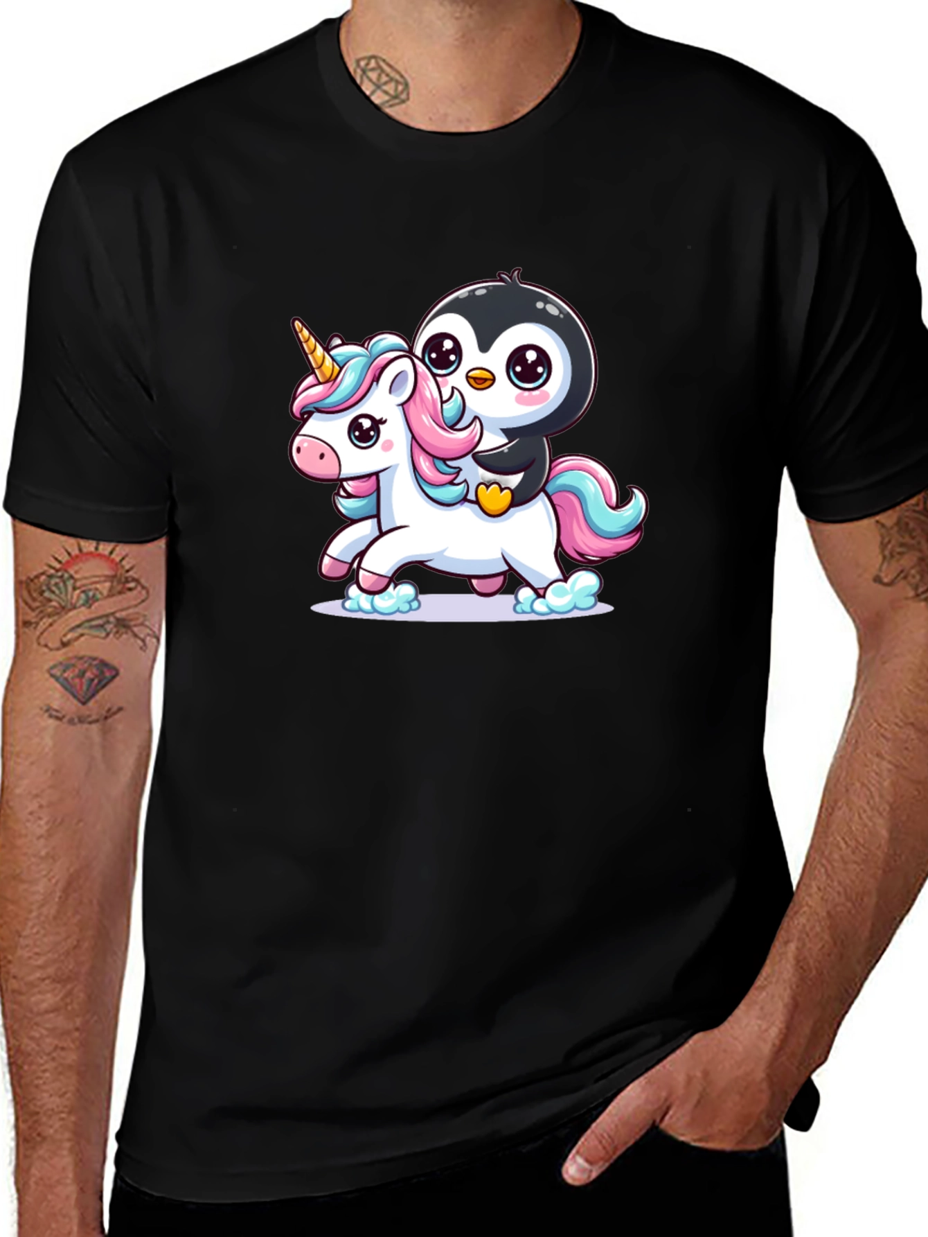 Penguin Riding Unicorn Graphic Tee