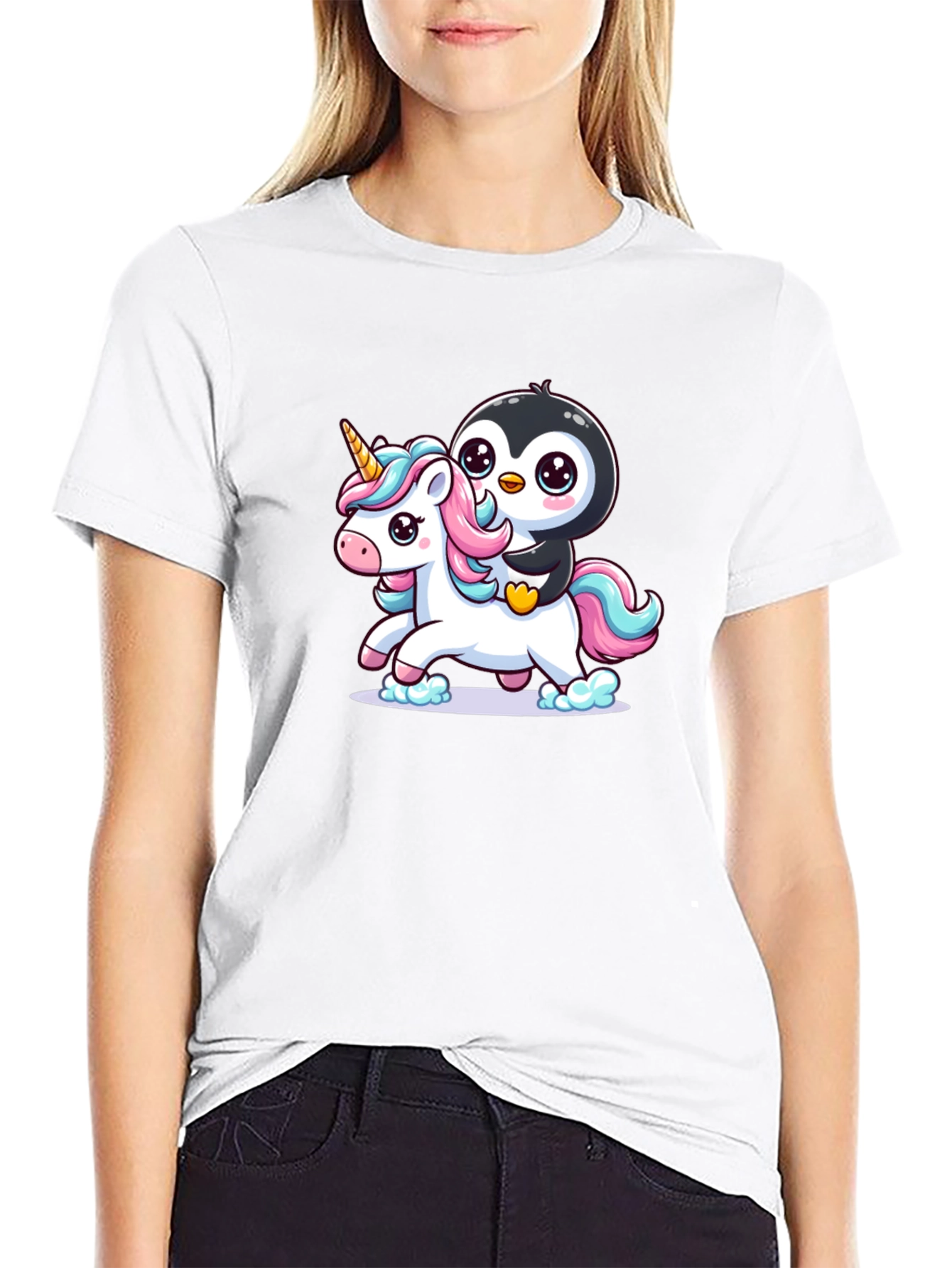 Penguin Riding Unicorn Graphic Tee
