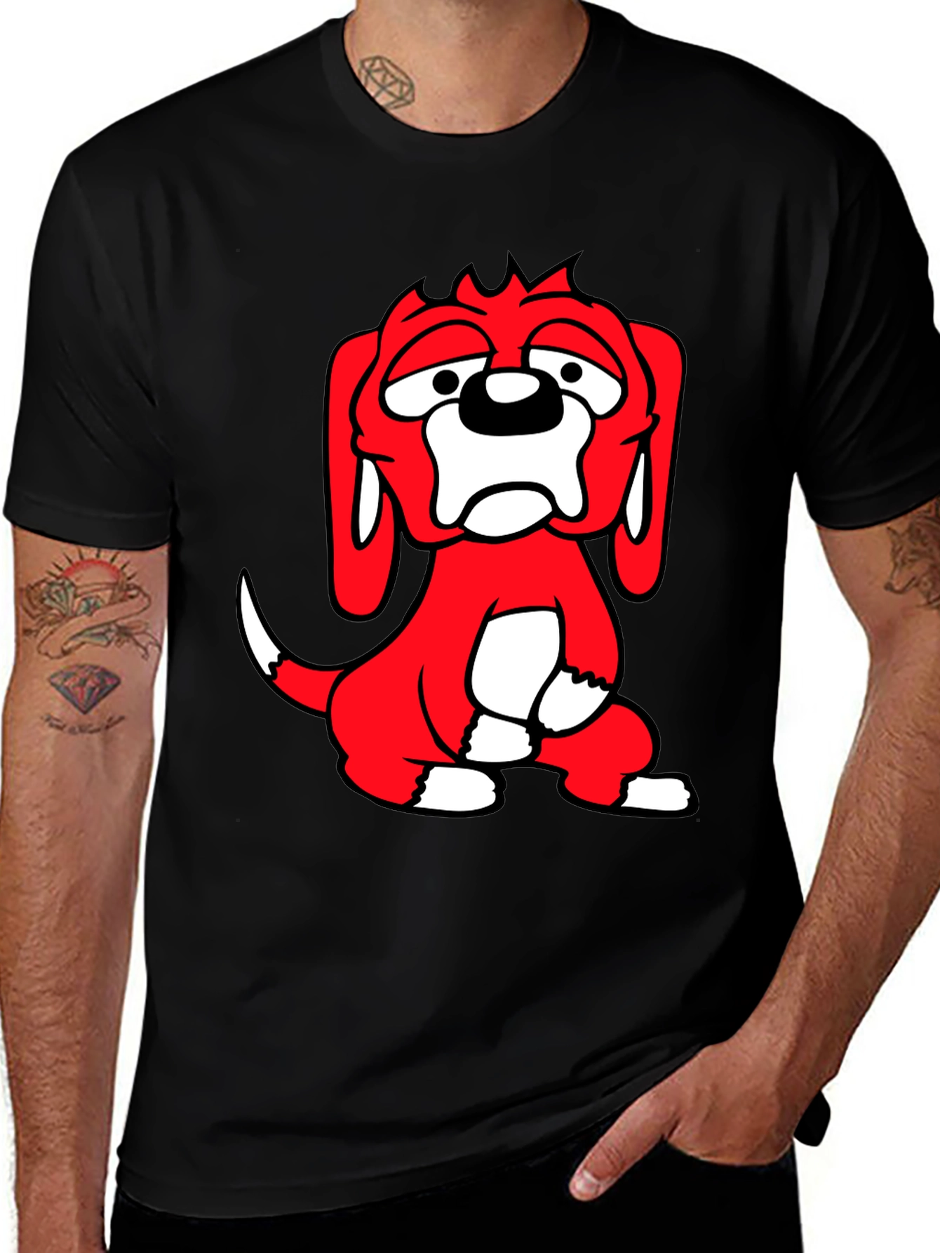 Cartoon Dog Graphic Tee - Black Cotton Blend T-Shirt