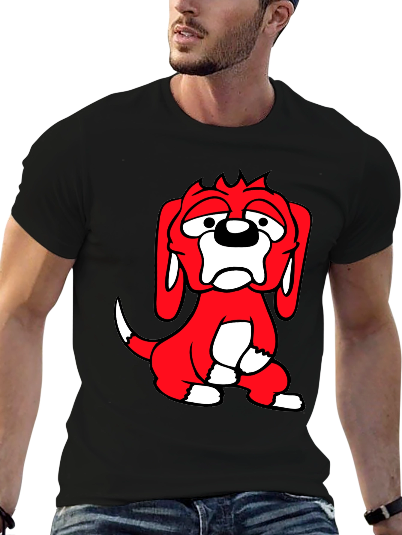 Cartoon Dog Graphic Tee - Black Cotton Blend T-Shirt