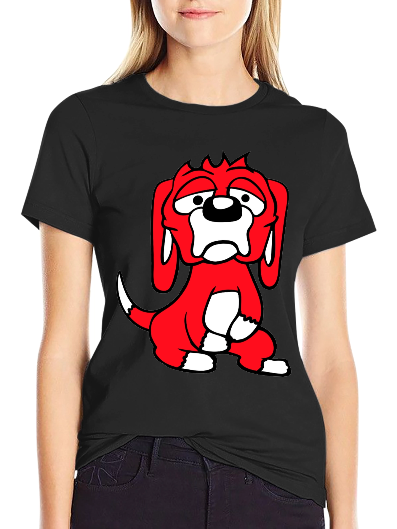 Cartoon Dog Graphic Tee - Black Cotton Blend T-Shirt