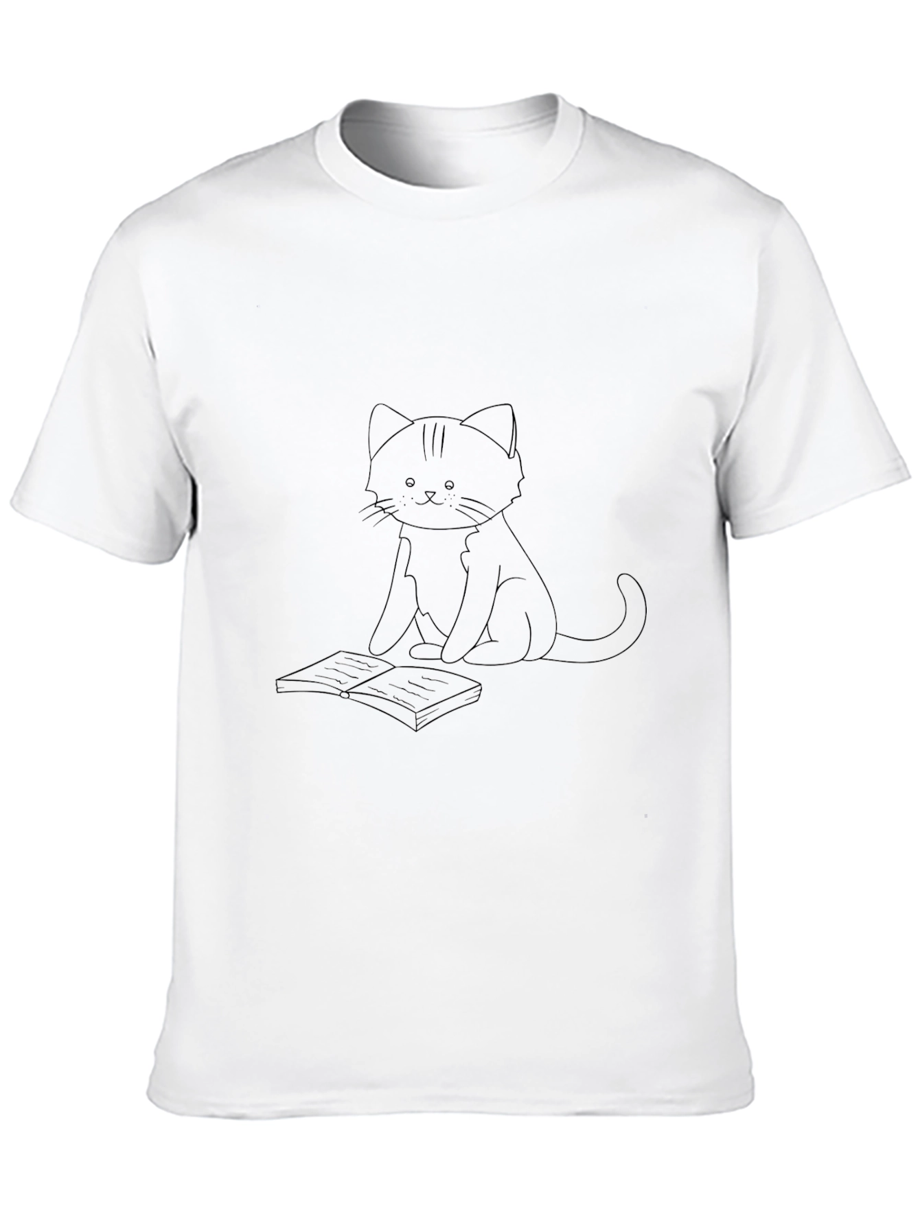 Black T-Shirt with Cat and Book Print