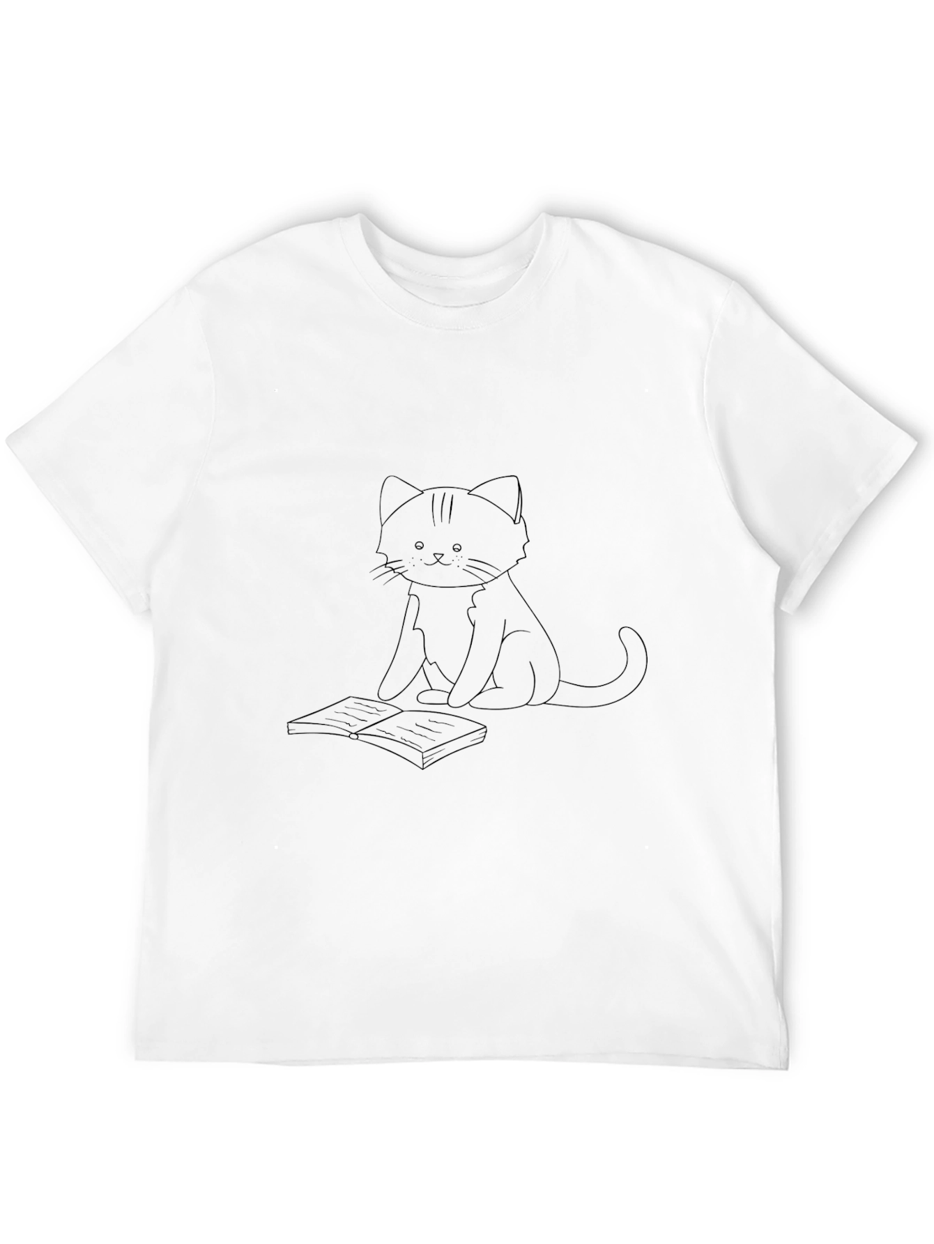 Black T-Shirt with Cat and Book Print