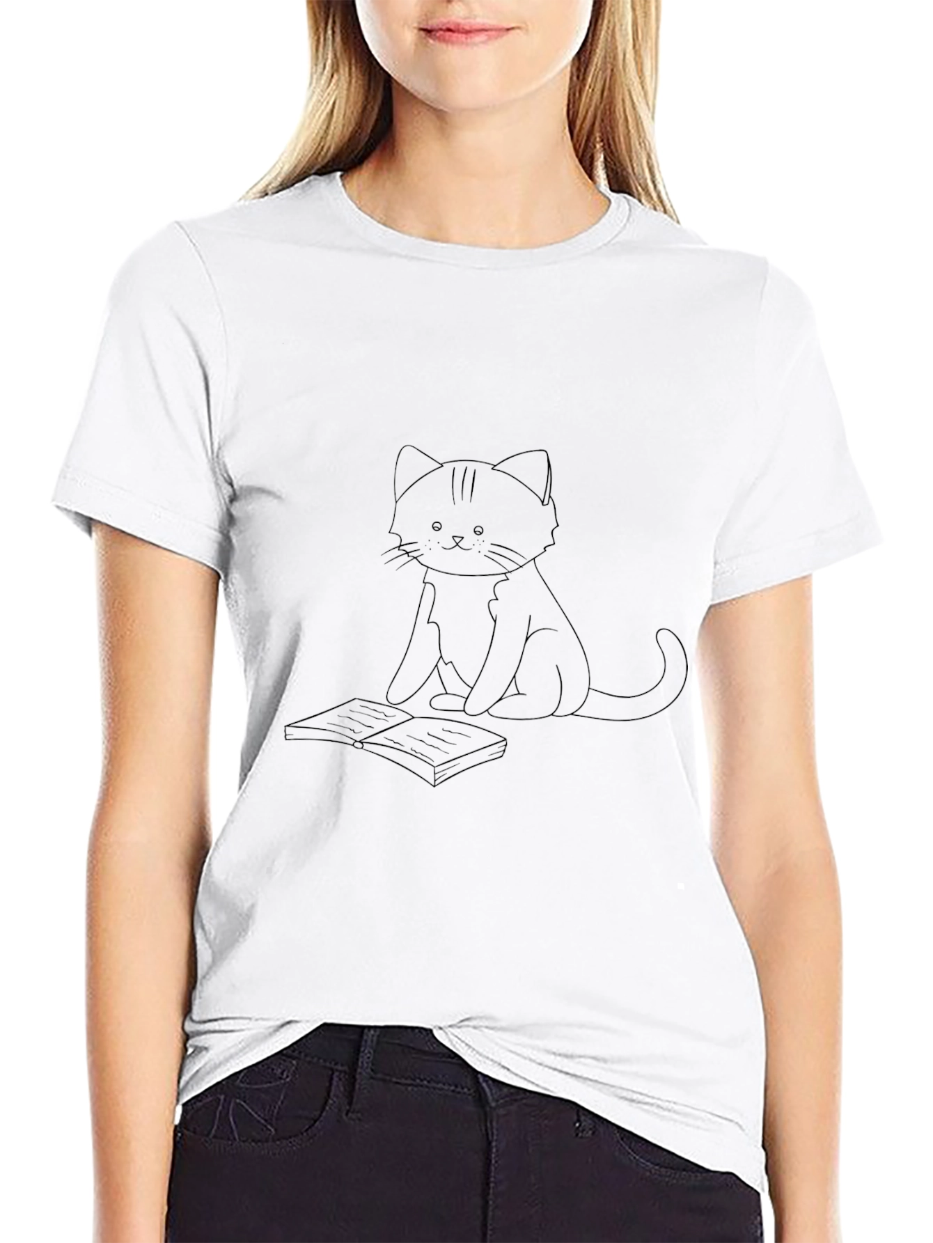 Black T-Shirt with Cat and Book Print