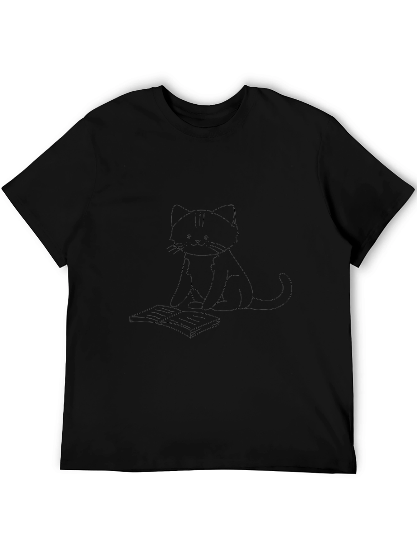 Black T-Shirt with Cat and Book Print