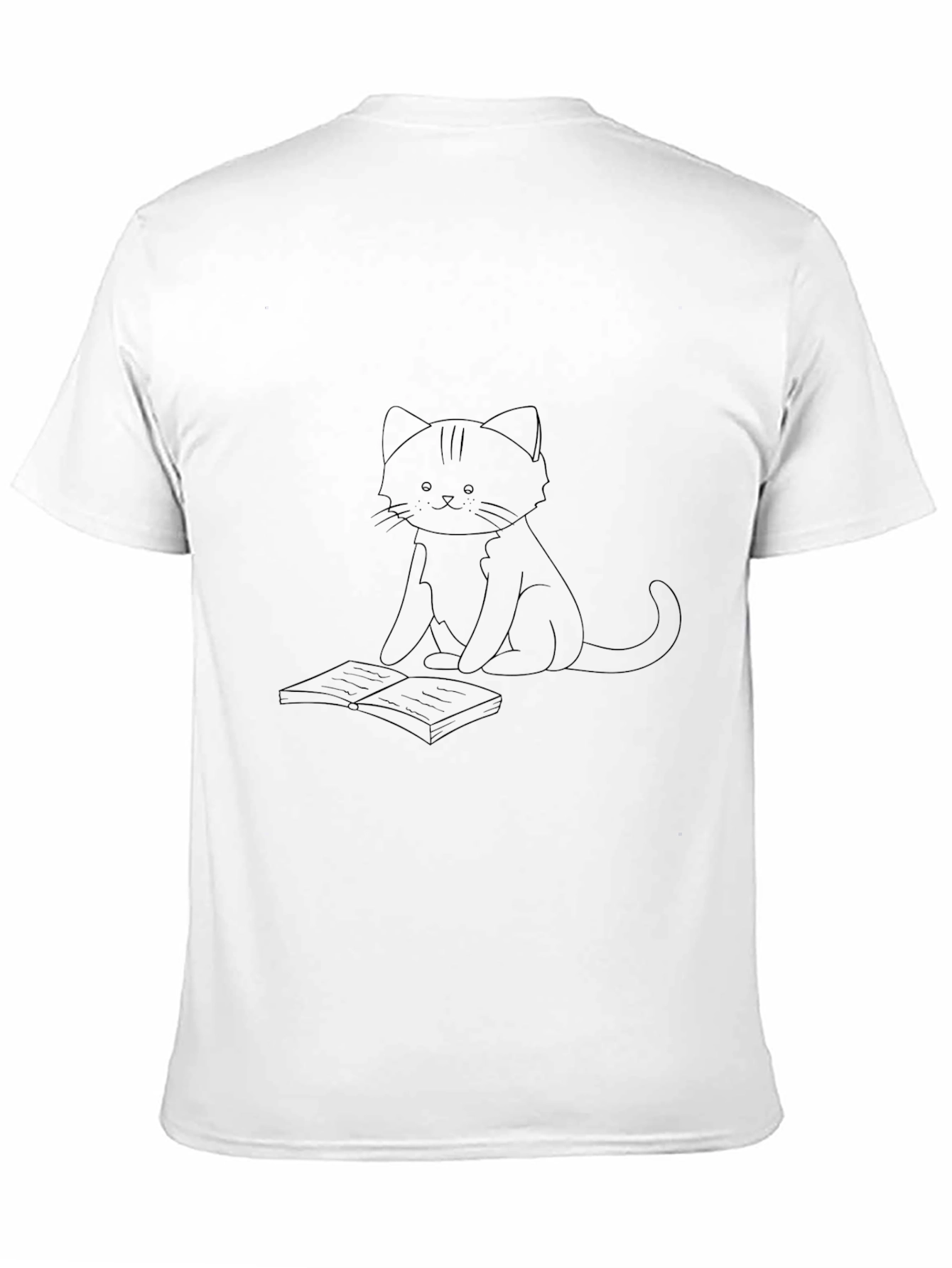Black T-Shirt with Cat and Book Print