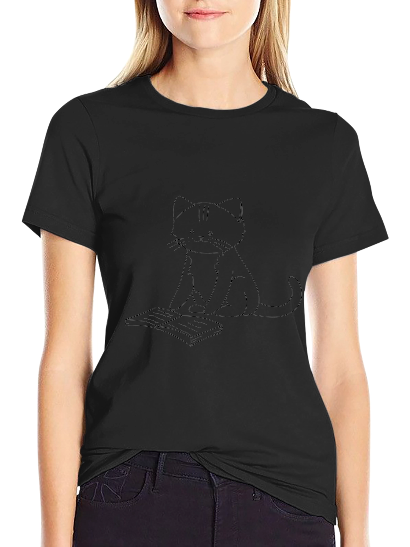 Black T-Shirt with Cat and Book Print