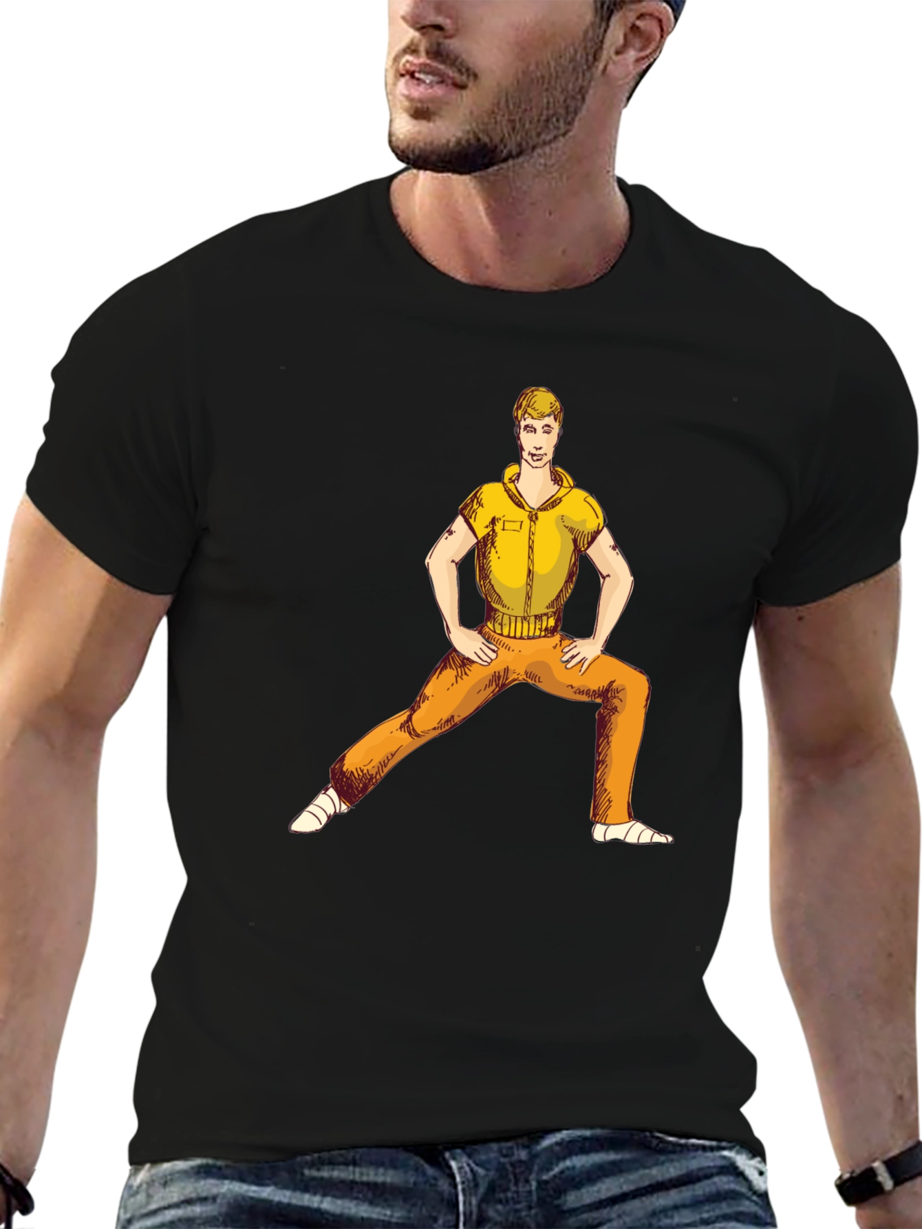 Man Stretching Graphic Tee - Black Cotton Blend