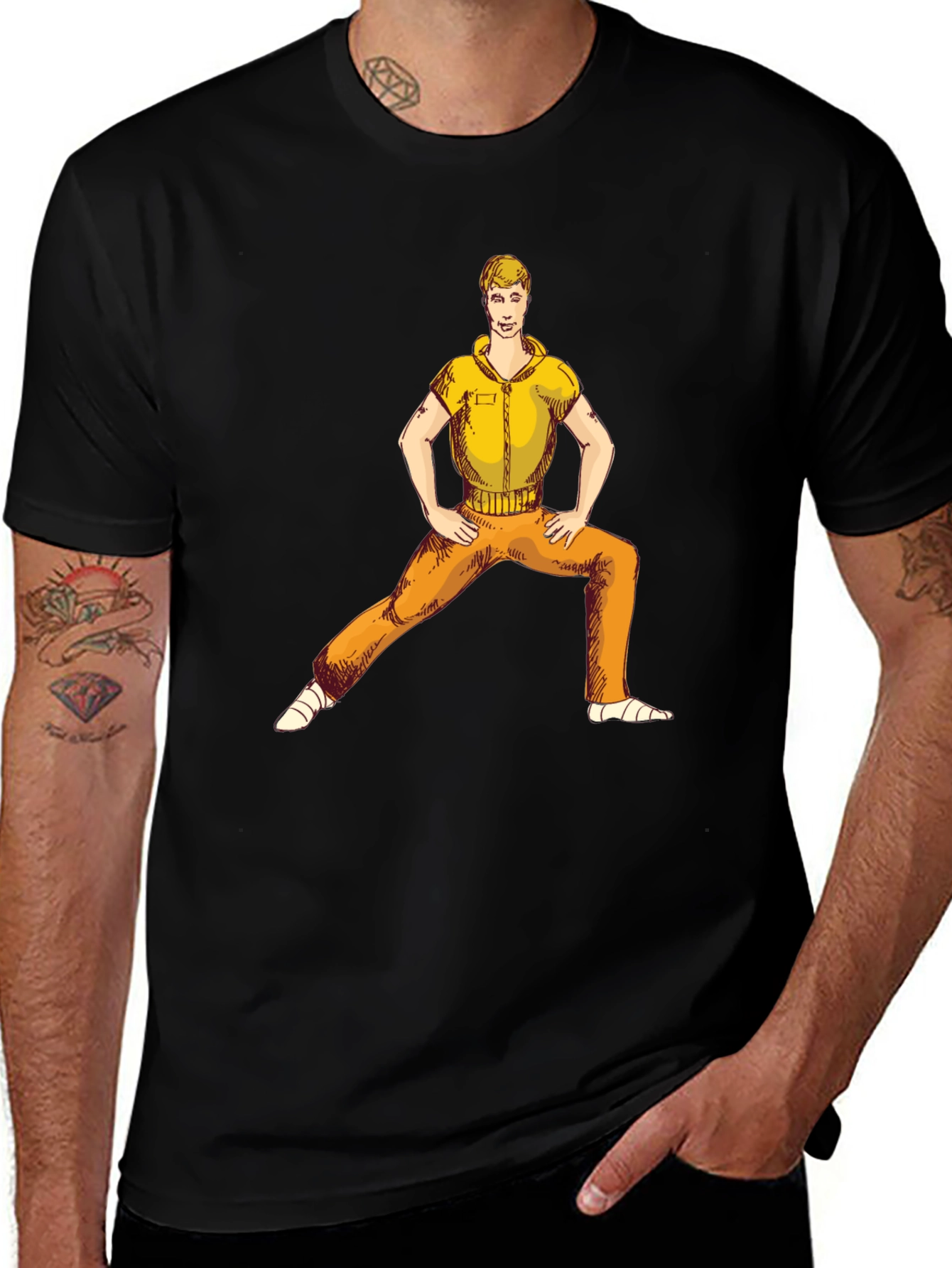 Man Stretching Graphic Tee - Black Cotton Blend
