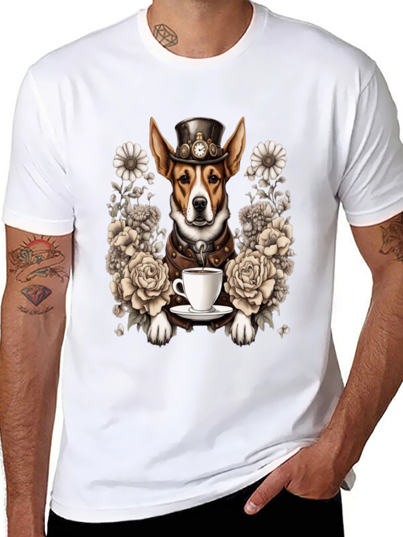 Steampunk Dog T-Shirt with Tea and Roses