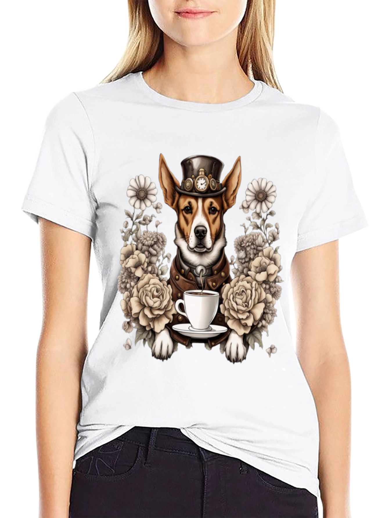 Steampunk Dog T-Shirt with Tea and Roses