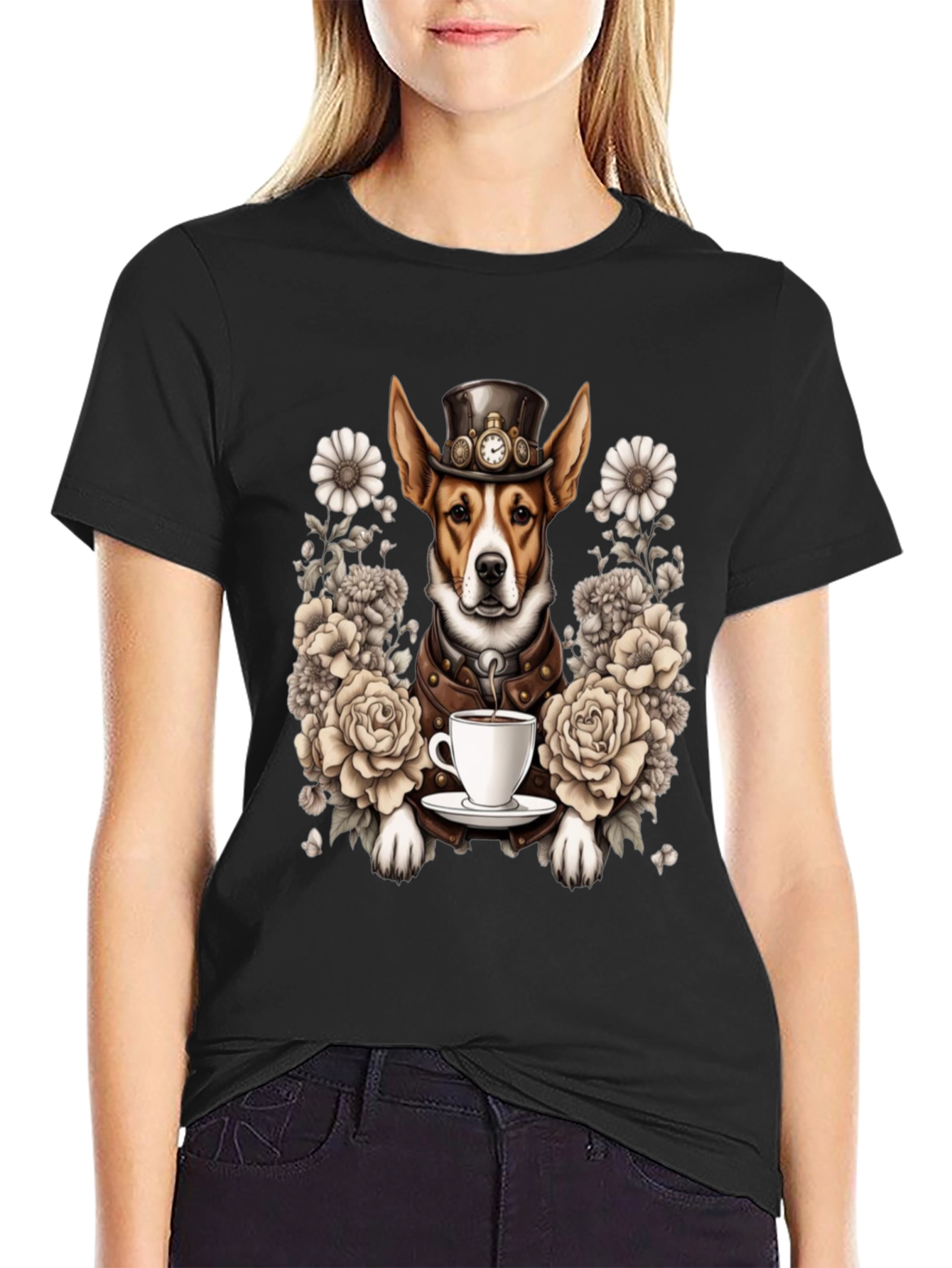 Steampunk Dog T-Shirt with Tea and Roses