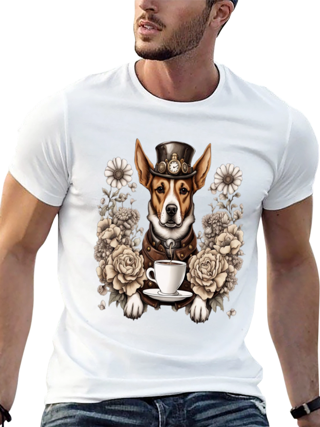 Steampunk Dog T-Shirt with Tea and Roses