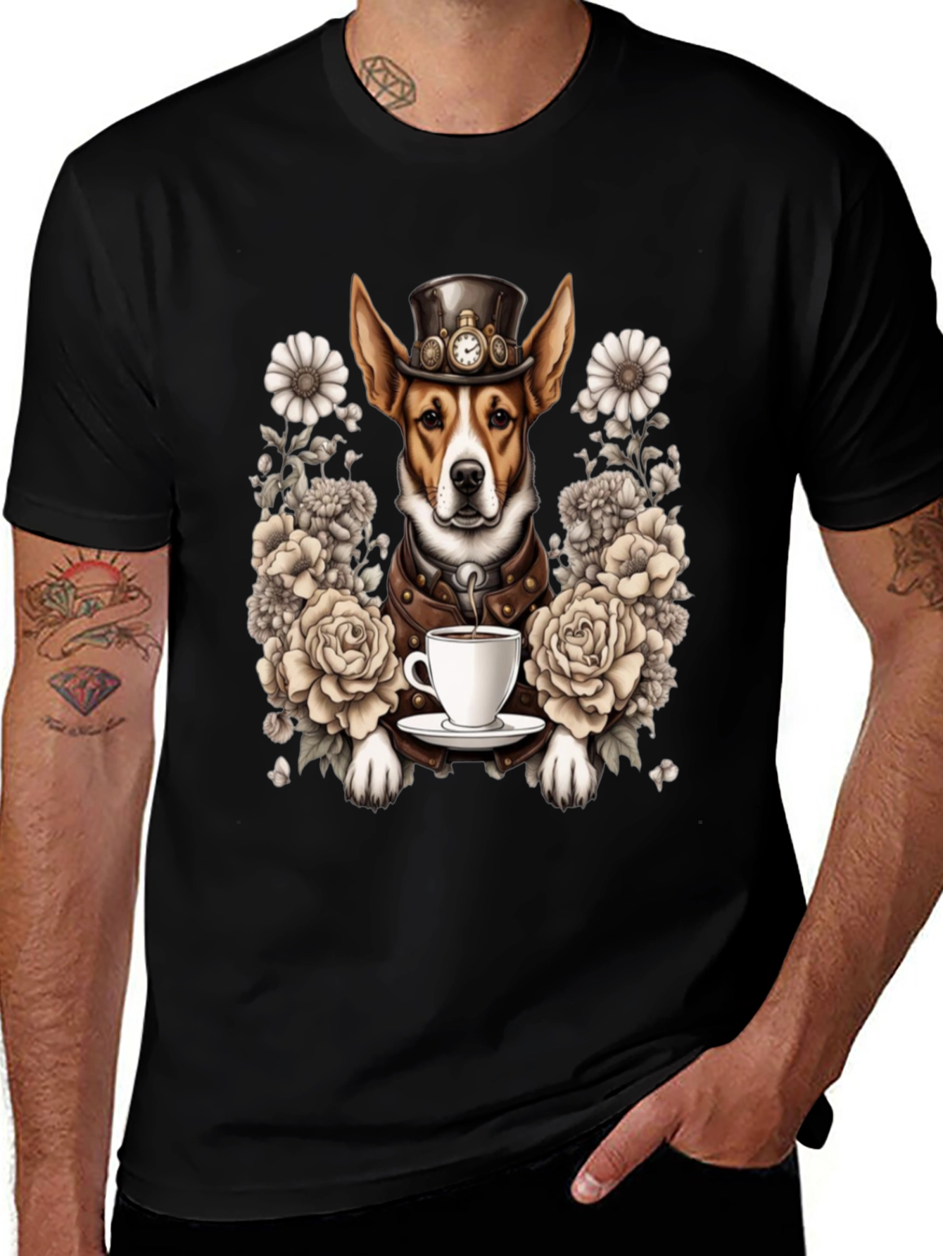 Steampunk Dog T-Shirt with Tea and Roses
