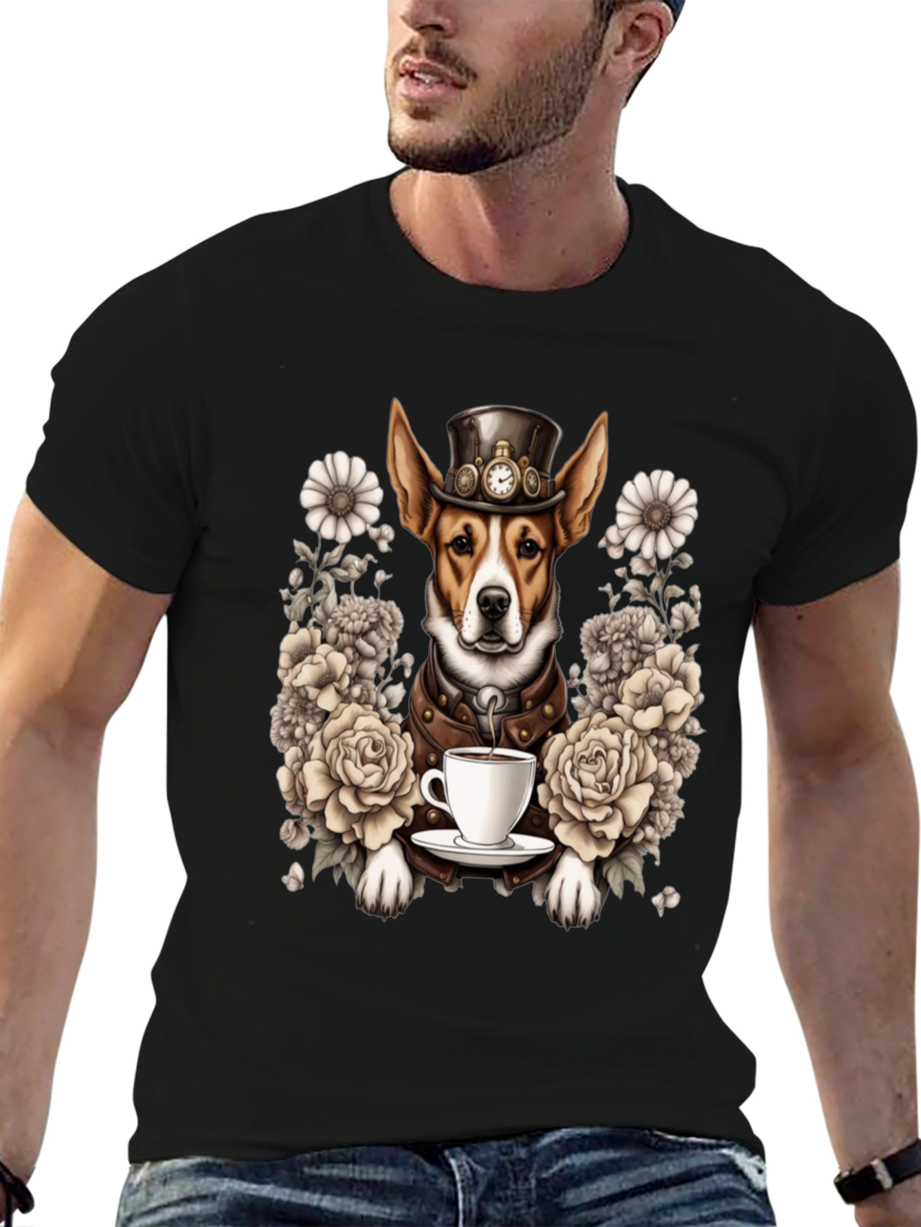 Steampunk Dog T-Shirt with Tea and Roses