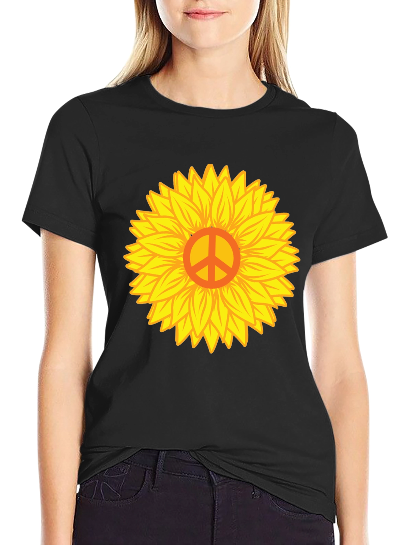 Sunflower Peace Sign Black T-Shirt