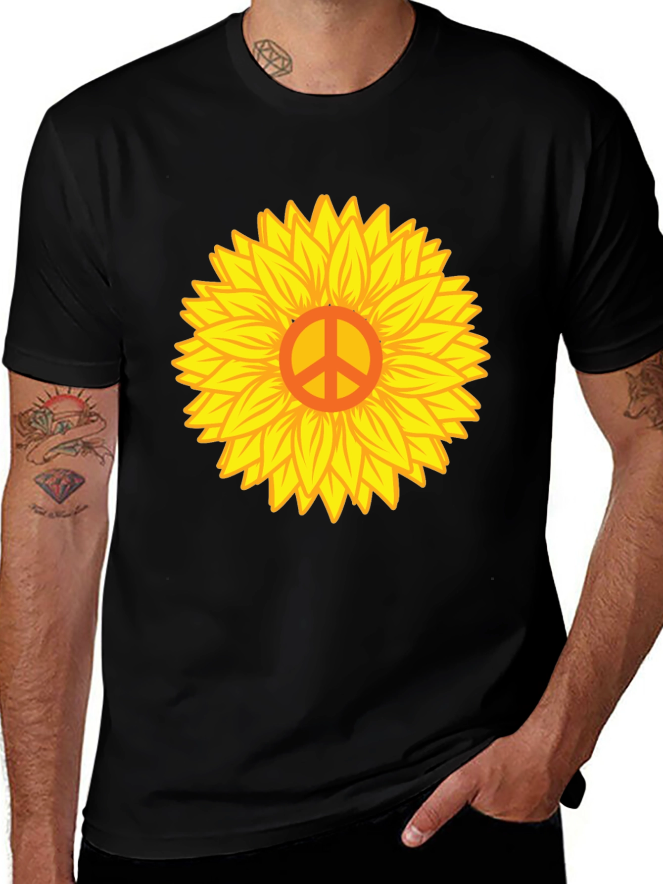 Sunflower Peace Sign Black T-Shirt