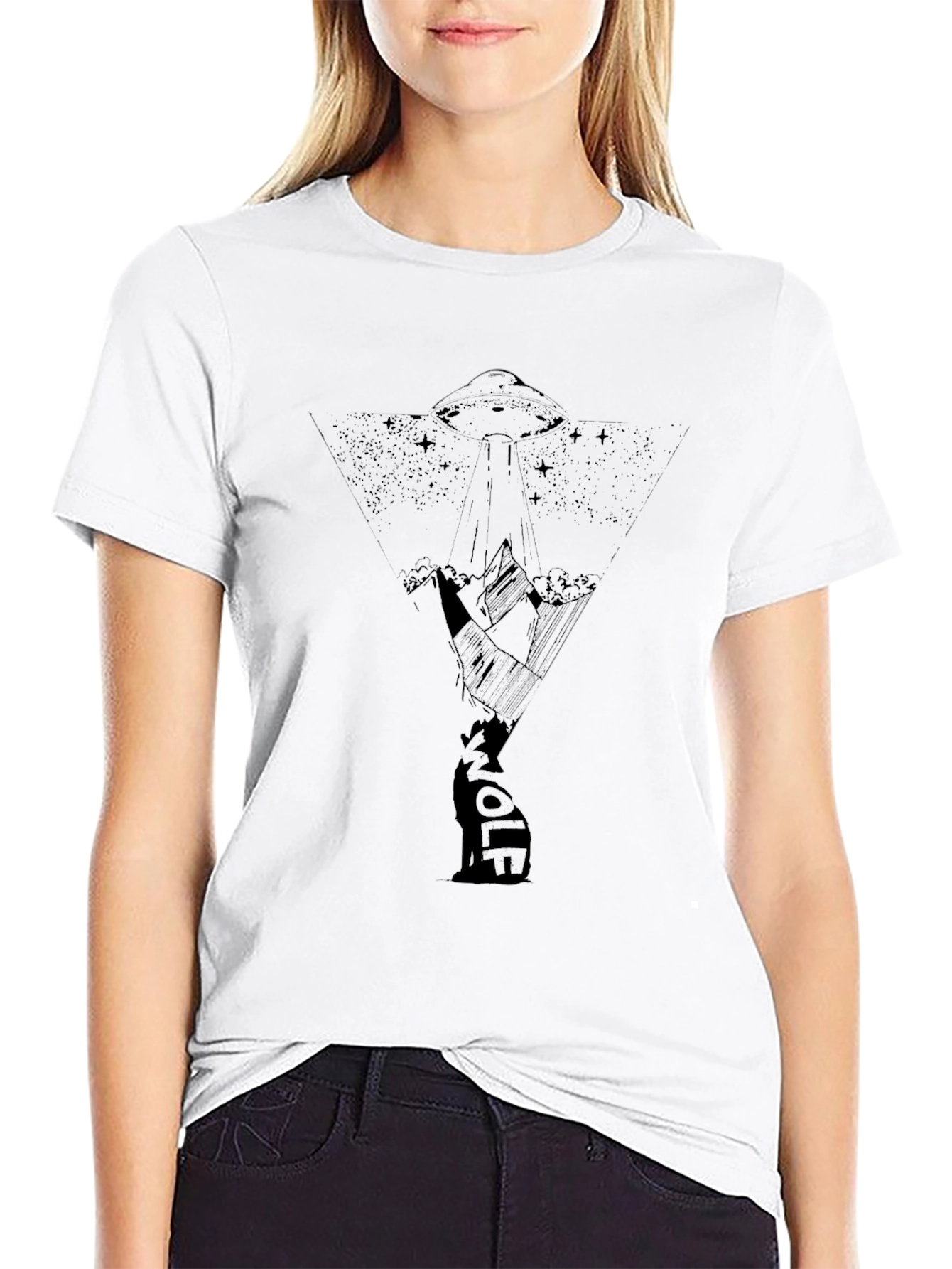 UFO Wolf Graphic Black T-Shirt