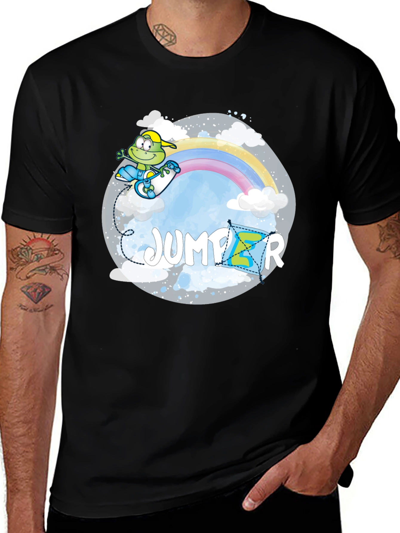 Whimsical Jumper Graphic Tee - Rainbow Frog Skateboard