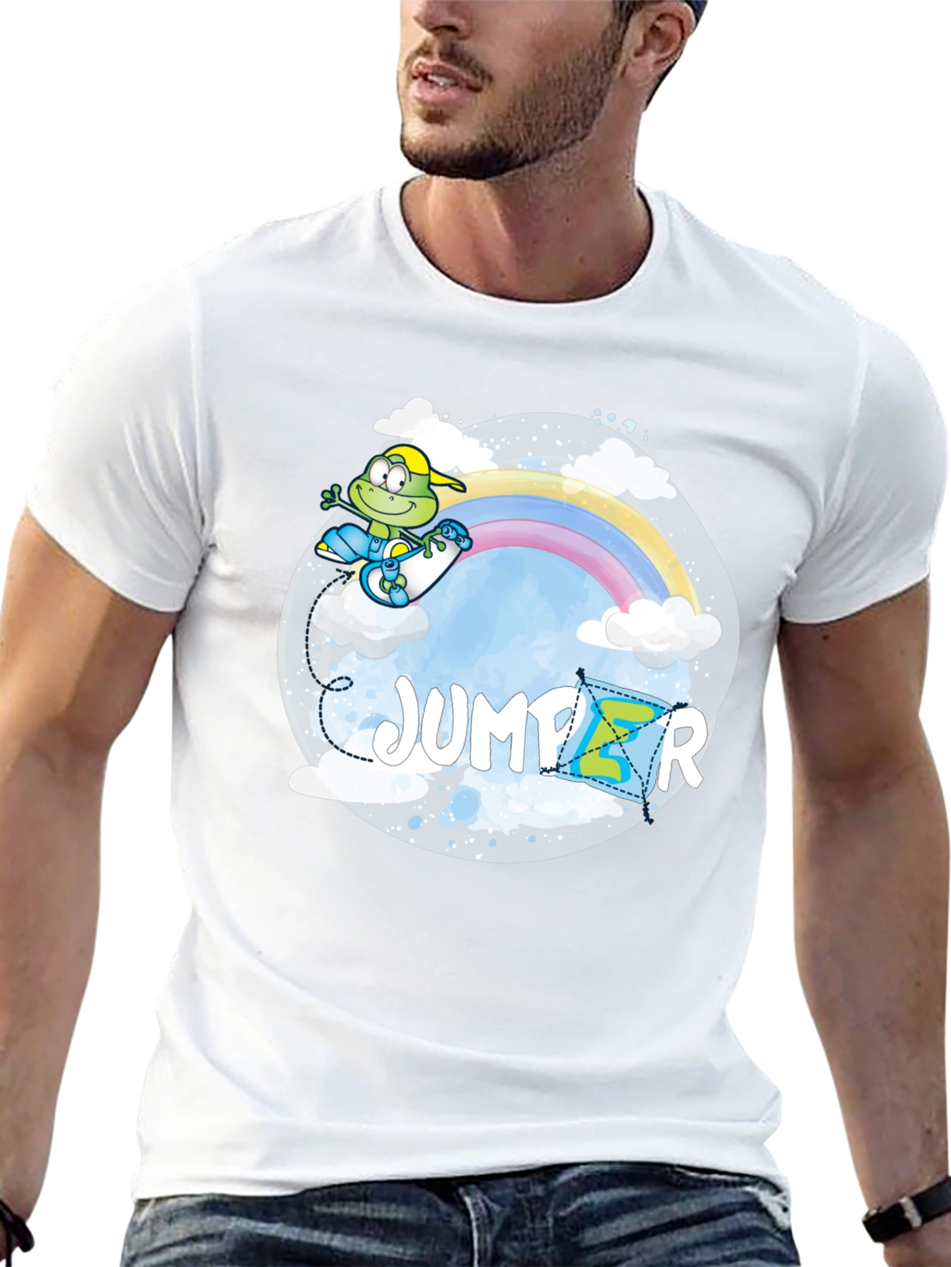 Whimsical Jumper Graphic Tee - Rainbow Frog Skateboard