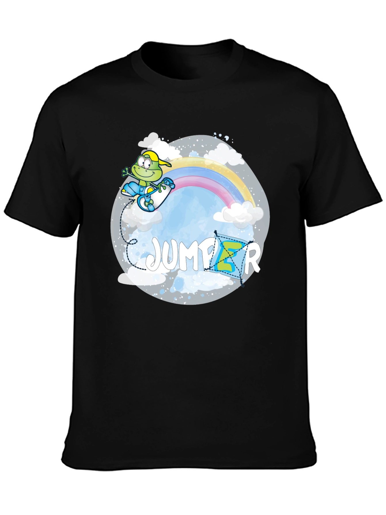 Whimsical Jumper Graphic Tee - Rainbow Frog Skateboard
