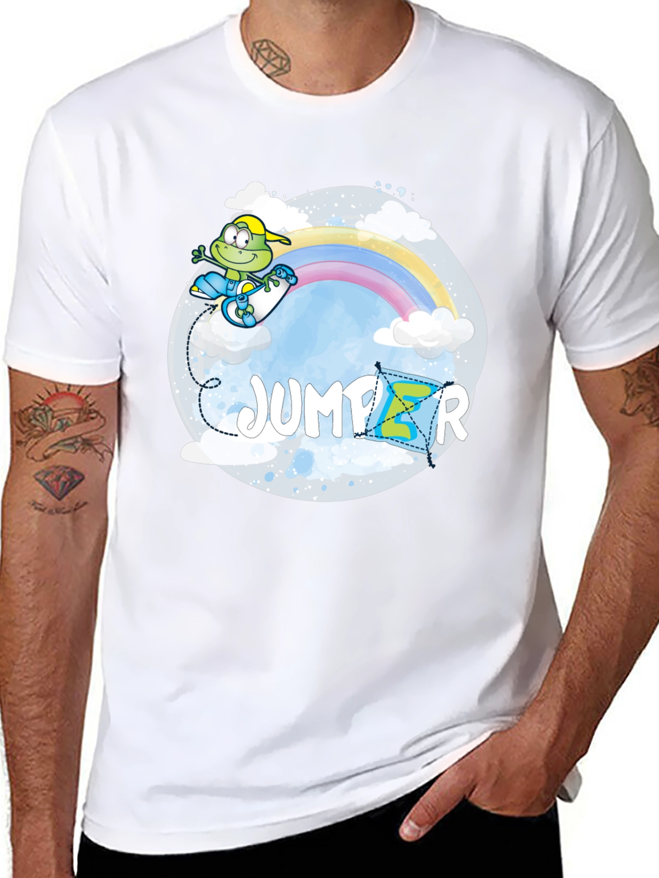 Whimsical Jumper Graphic Tee - Rainbow Frog Skateboard