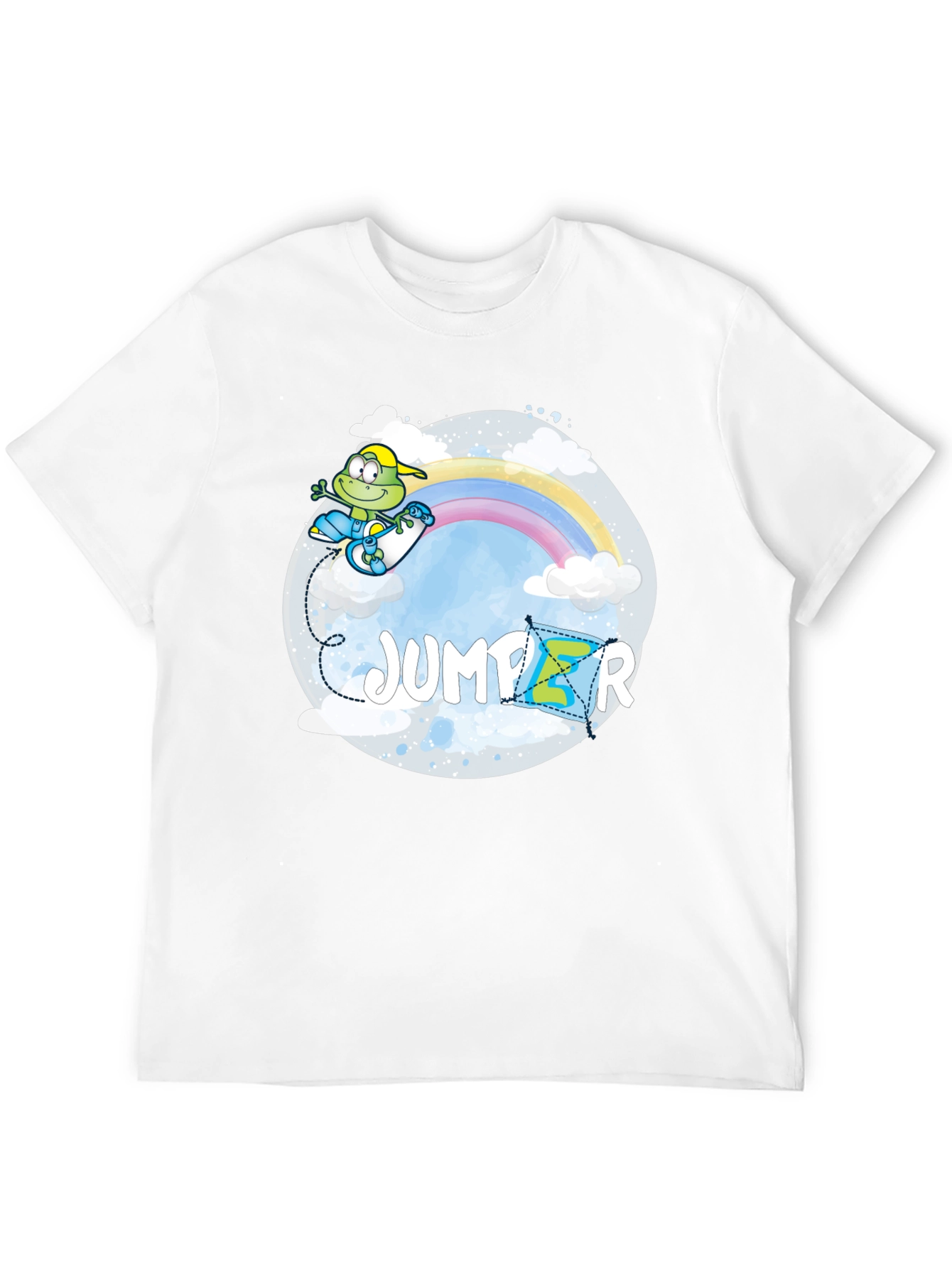 Whimsical Jumper Graphic Tee - Rainbow Frog Skateboard