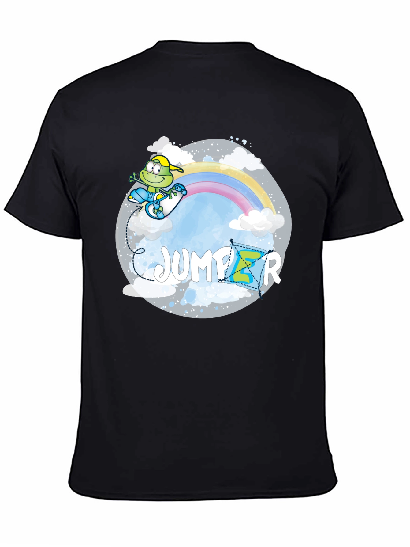 Whimsical Jumper Graphic Tee - Rainbow Frog Skateboard