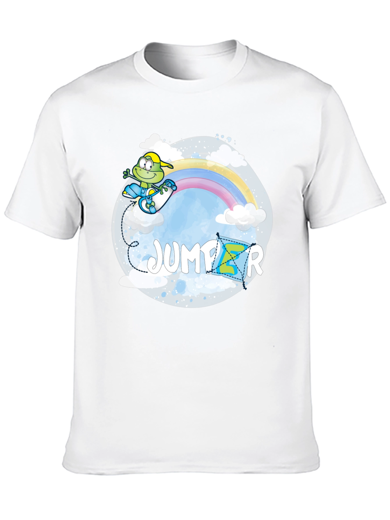 Whimsical Jumper Graphic Tee - Rainbow Frog Skateboard