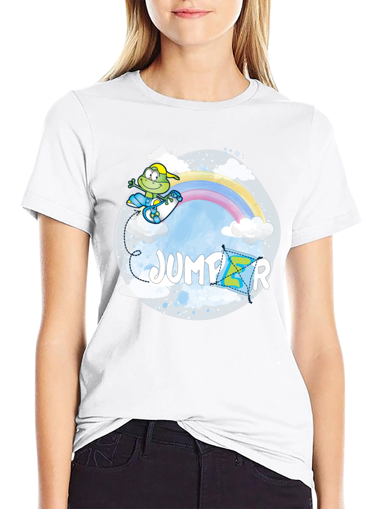Whimsical Jumper Graphic Tee - Rainbow Frog Skateboard