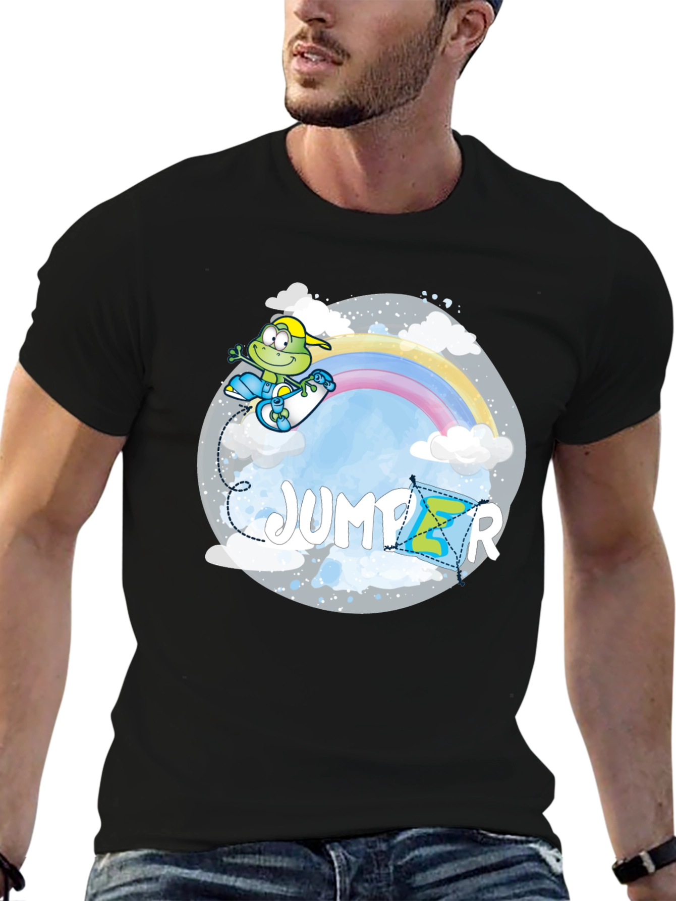Whimsical Jumper Graphic Tee - Rainbow Frog Skateboard