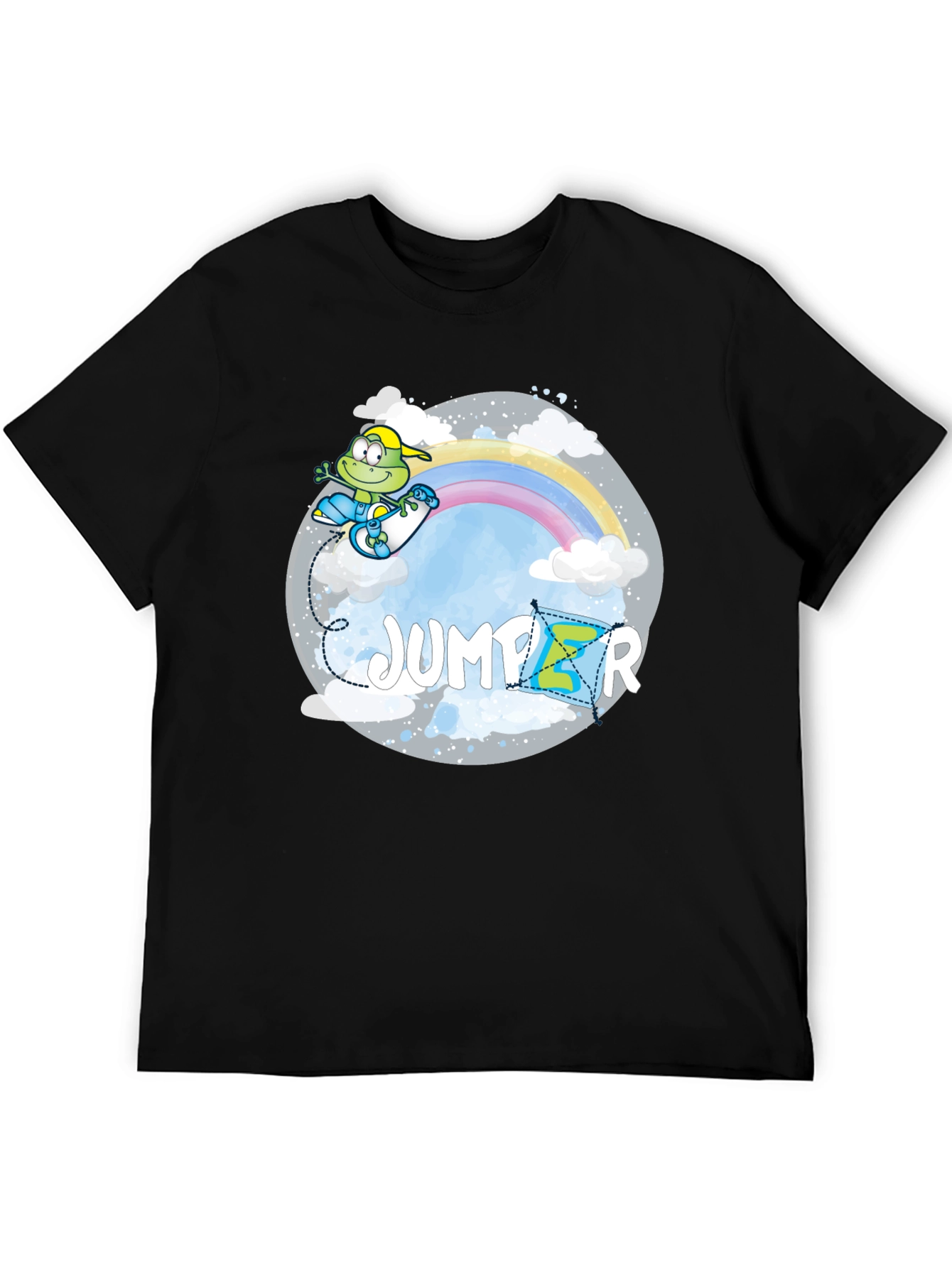 Whimsical Jumper Graphic Tee - Rainbow Frog Skateboard