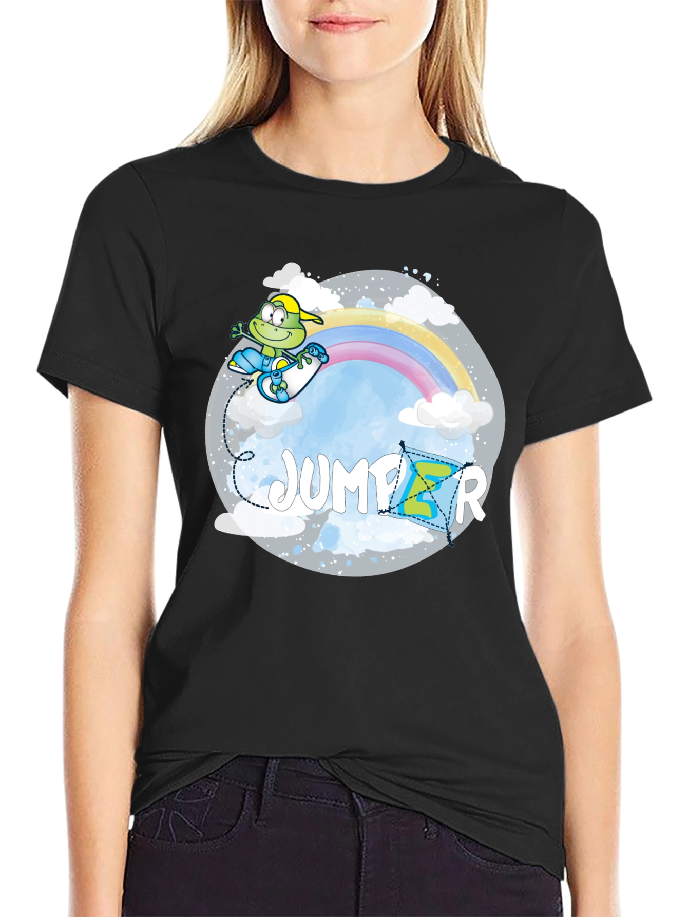 Whimsical Jumper Graphic Tee - Rainbow Frog Skateboard