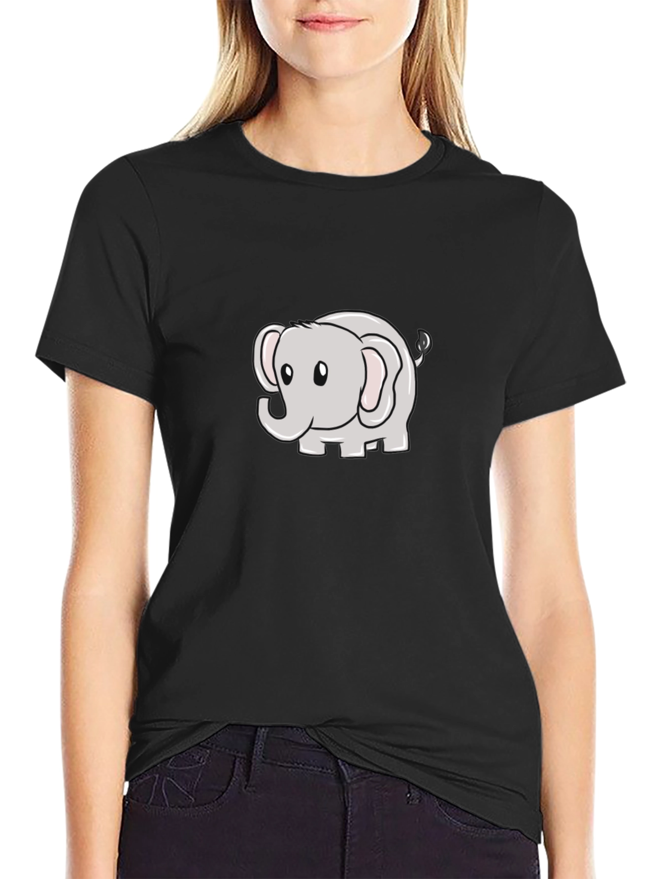 Cute Elephant Cartoon Black T-Shirt