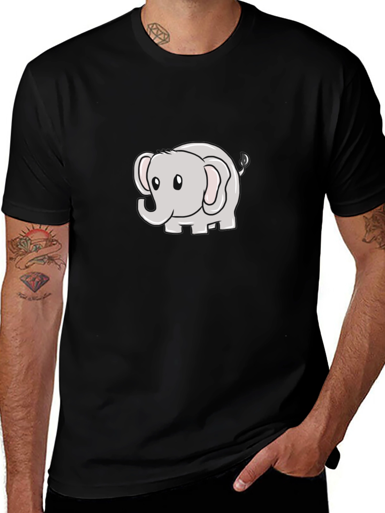 Cute Elephant Cartoon Black T-Shirt