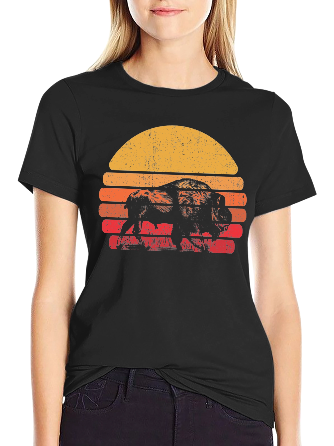 Retro Bison Sunset T-Shirt - Black