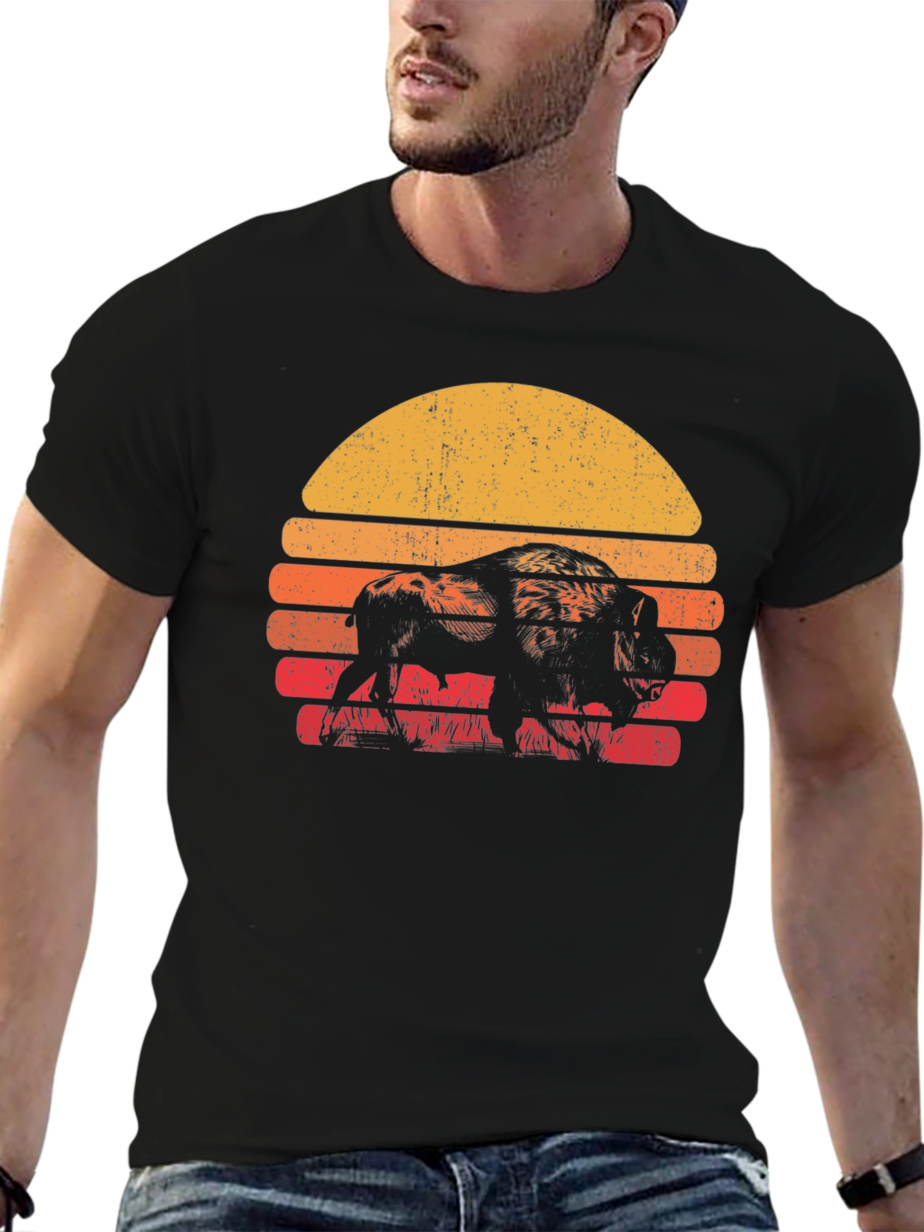 Retro Bison Sunset T-Shirt - Black
