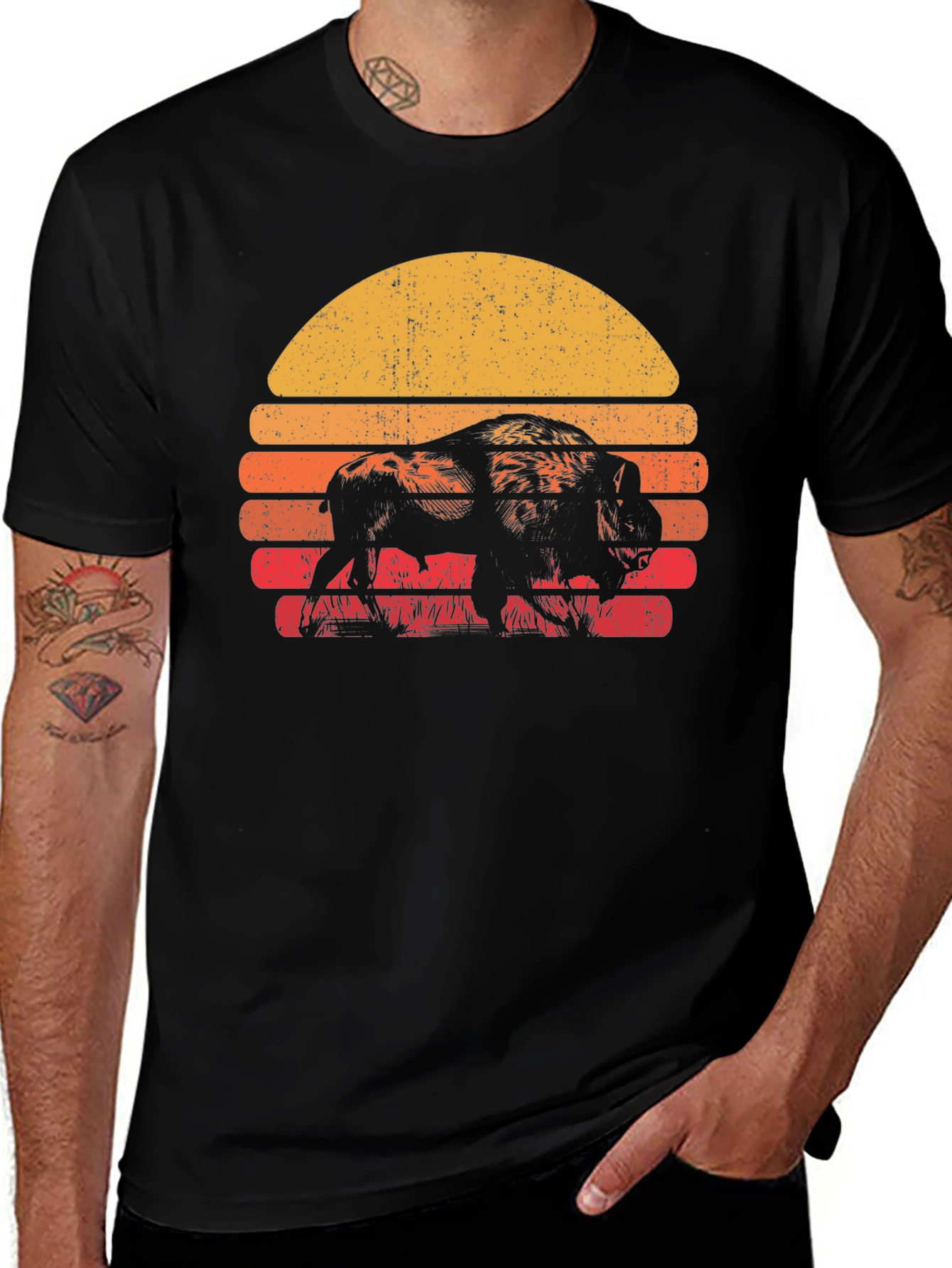 Retro Bison Sunset T-Shirt - Black