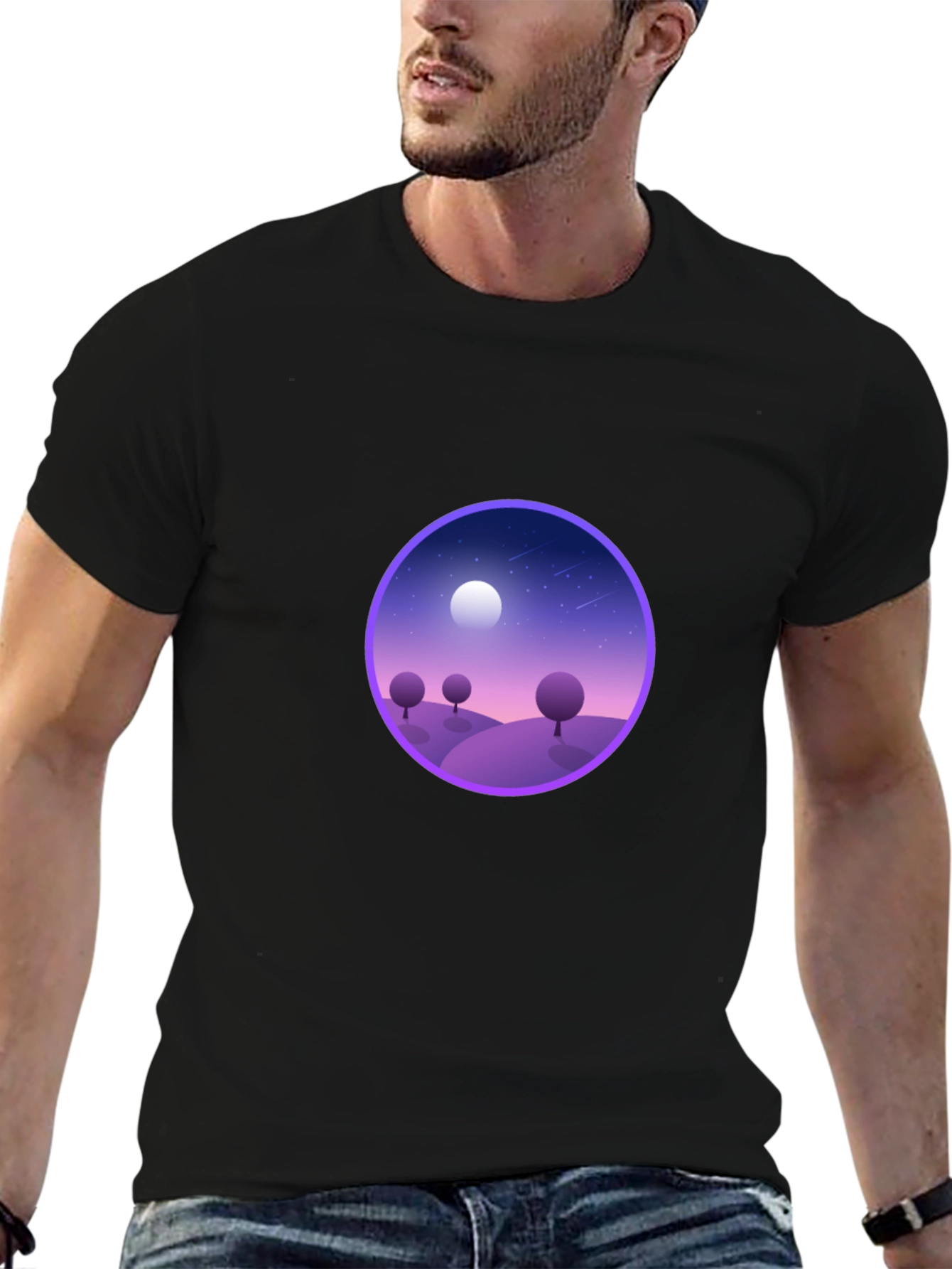 Black T-Shirt with Nightscape Design
