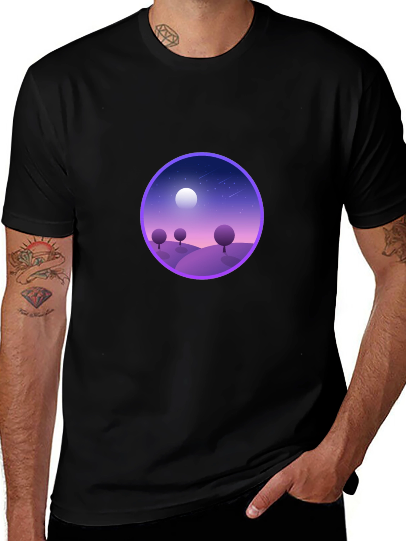 Black T-Shirt with Nightscape Design