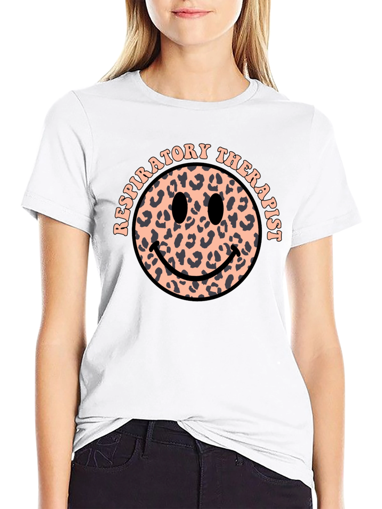 Respiratory Therapist Leopard Print Smiley Face T-Shirt