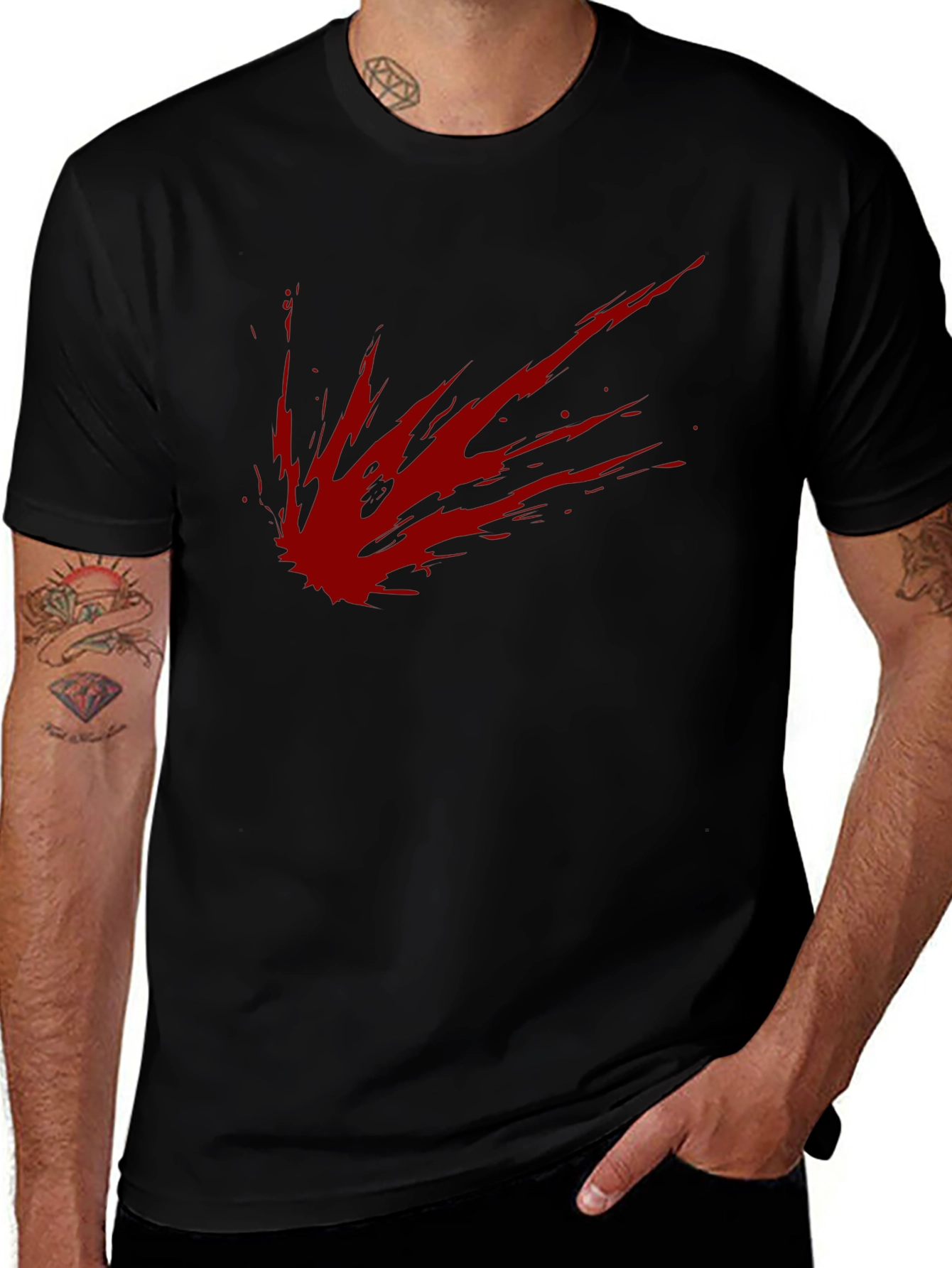 Mens Black T-Shirt with Red Splatter Design